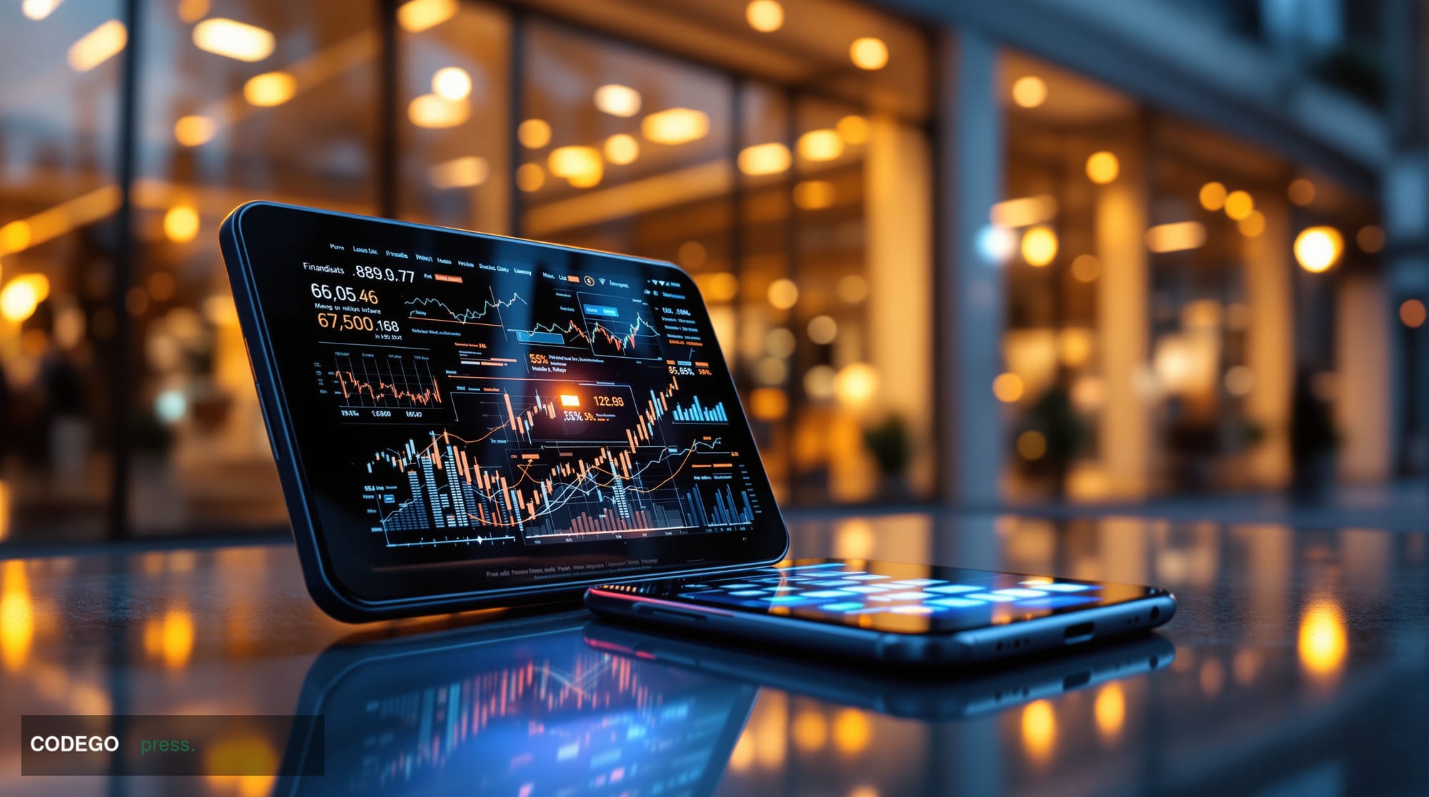 A photorealistic editorial photograph showcasing the convergence of digital and traditional finance. The scene features a mod