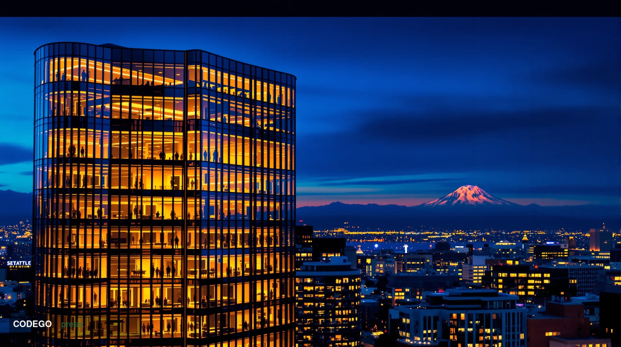 A dramatic editorial photograph showing the modern glass towers of Seattle's financial district at dusk, with Kraken's headqu