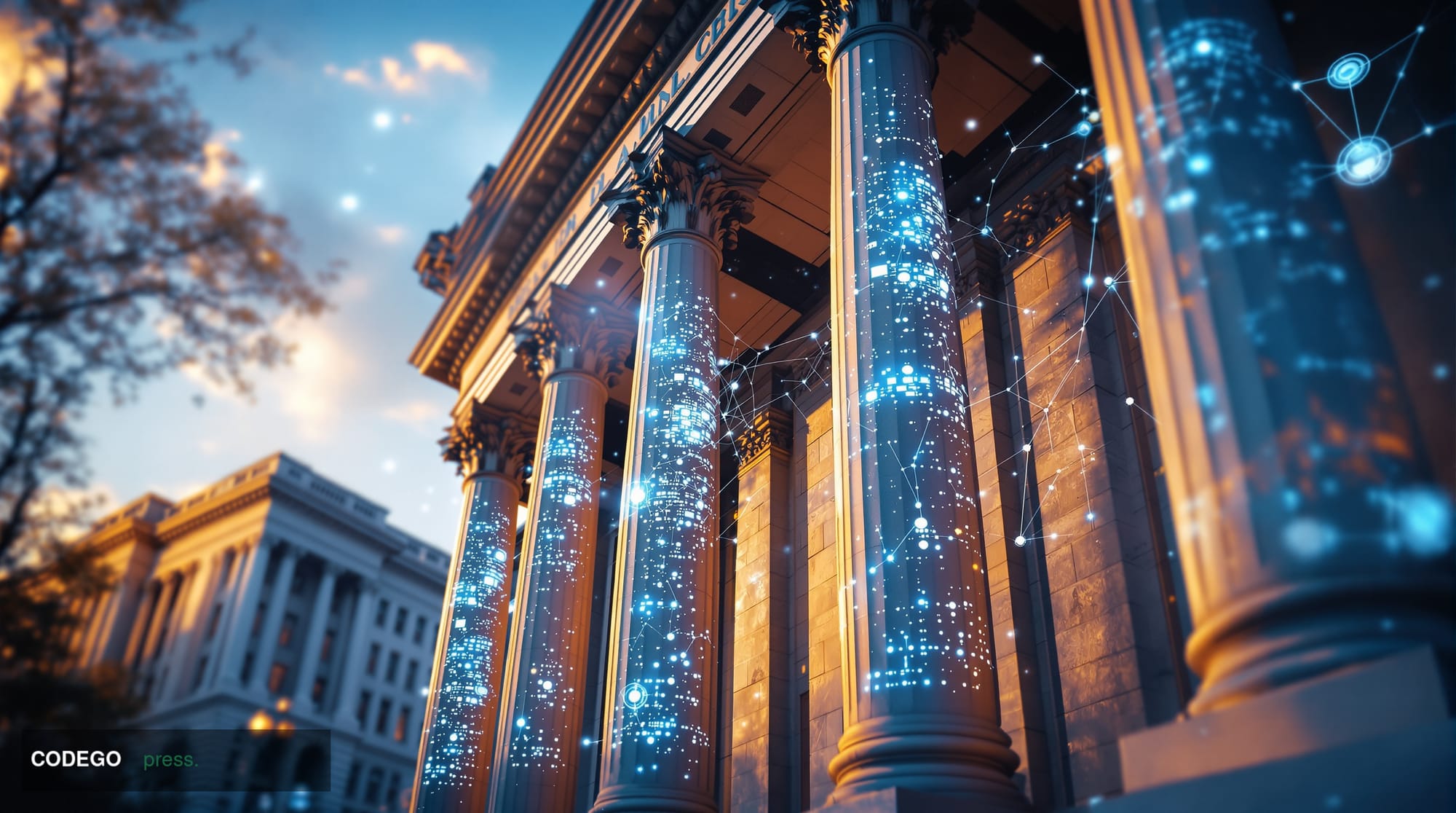 A cinematic editorial photograph capturing the intersection of traditional banking regulation and cryptocurrency innovation. 