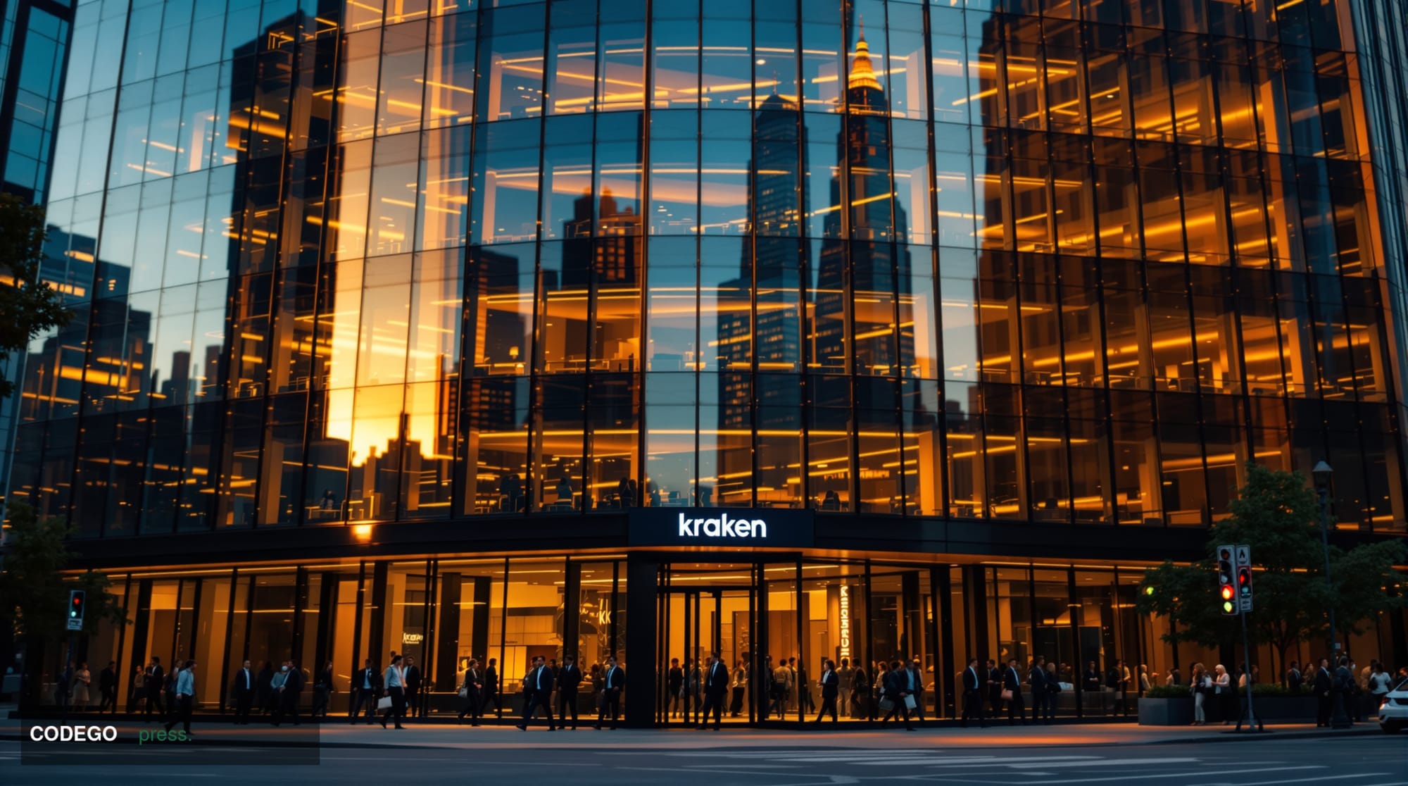 A cinematic editorial photograph showing the modern glass facade of Kraken's San Francisco headquarters building during golde