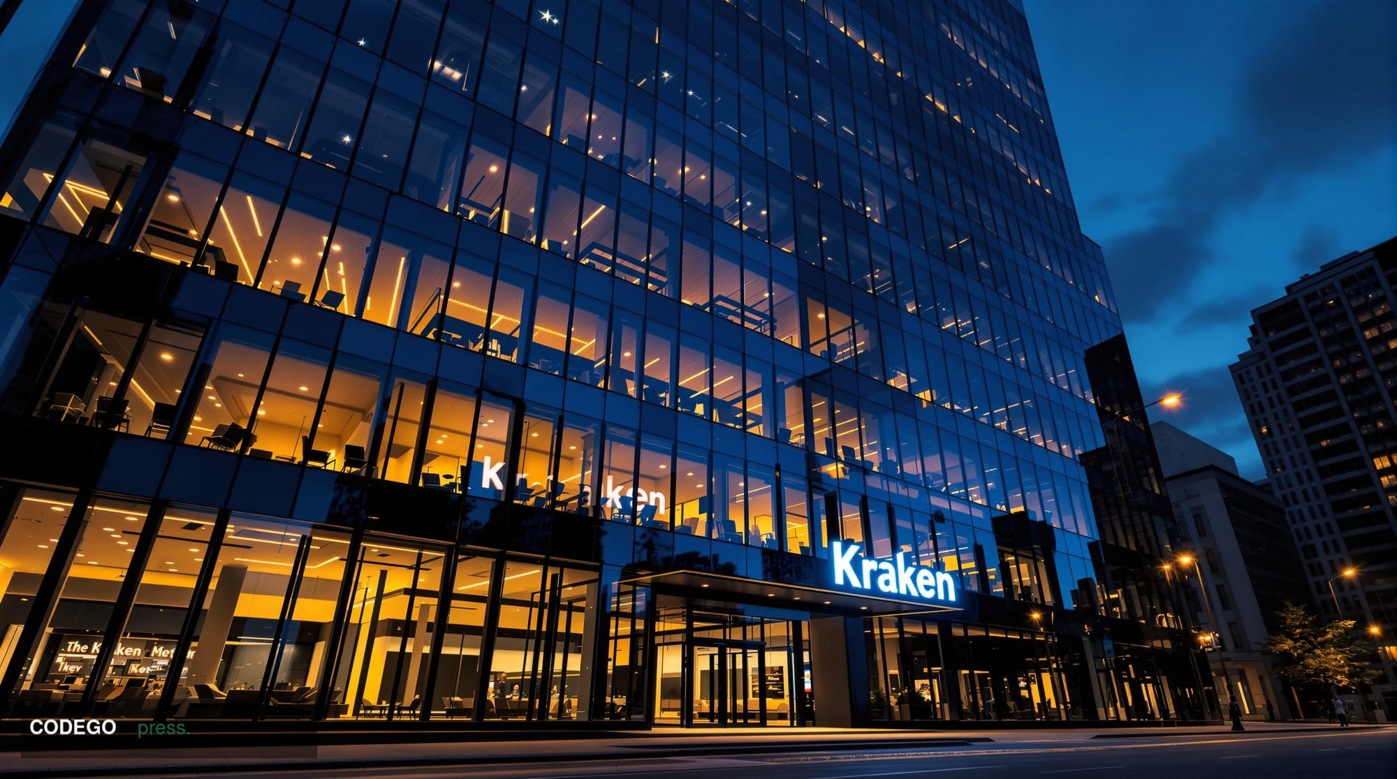 A photorealistic 8K editorial photograph of Kraken's distinctive San Francisco headquarters building at dusk, shot from a low