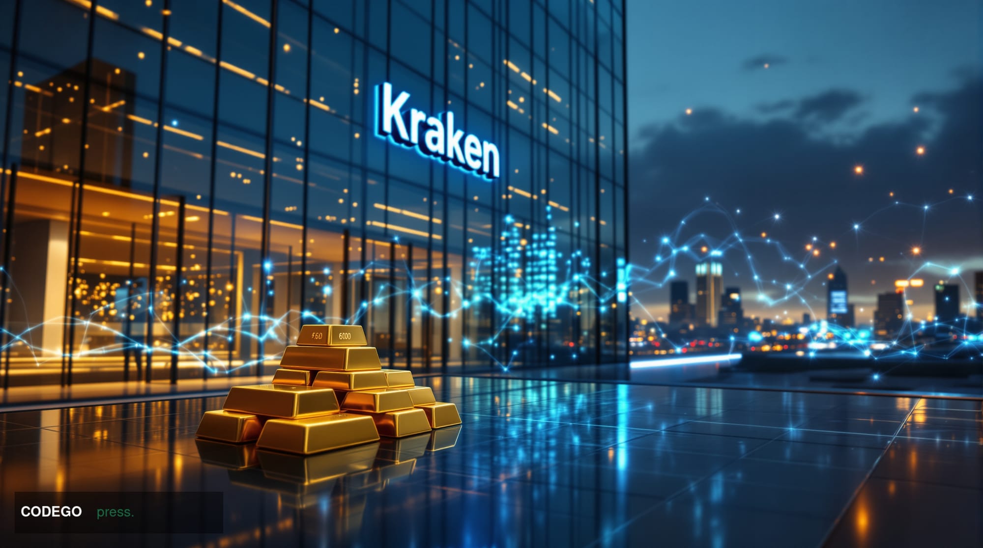 A cinematic editorial photograph capturing Kraken's corporate headquarters in San Francisco with dramatic lighting, showing t
