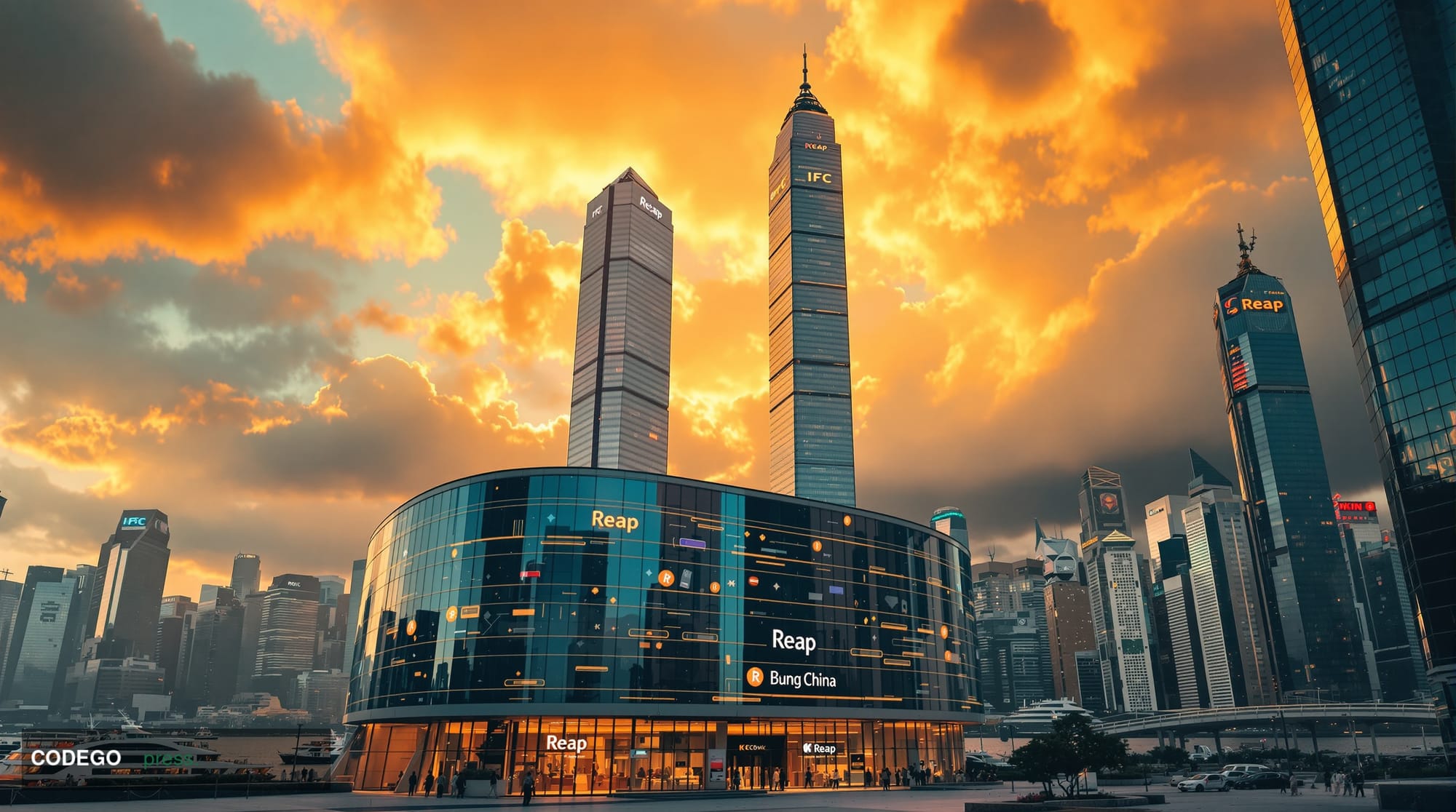 A cinematic editorial photograph showcasing Hong Kong's iconic financial district skyline at golden hour, with the distinctiv