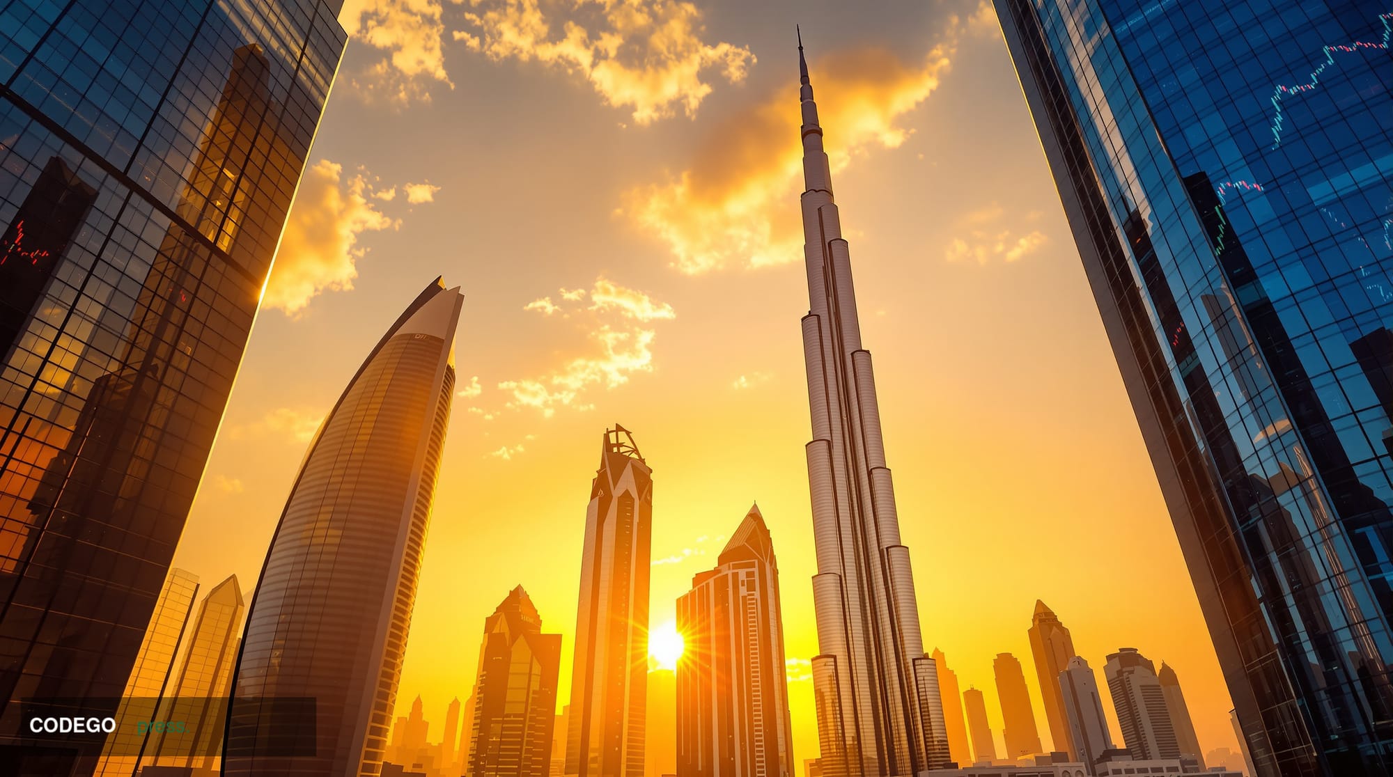 A cinematic editorial photograph of Dubai's iconic skyline at golden hour, featuring the Burj Khalifa and Dubai International