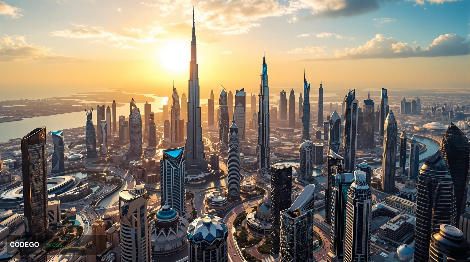 A cinematic editorial photograph showcasing Dubai's futuristic financial district skyline at golden hour, with the iconic Bur