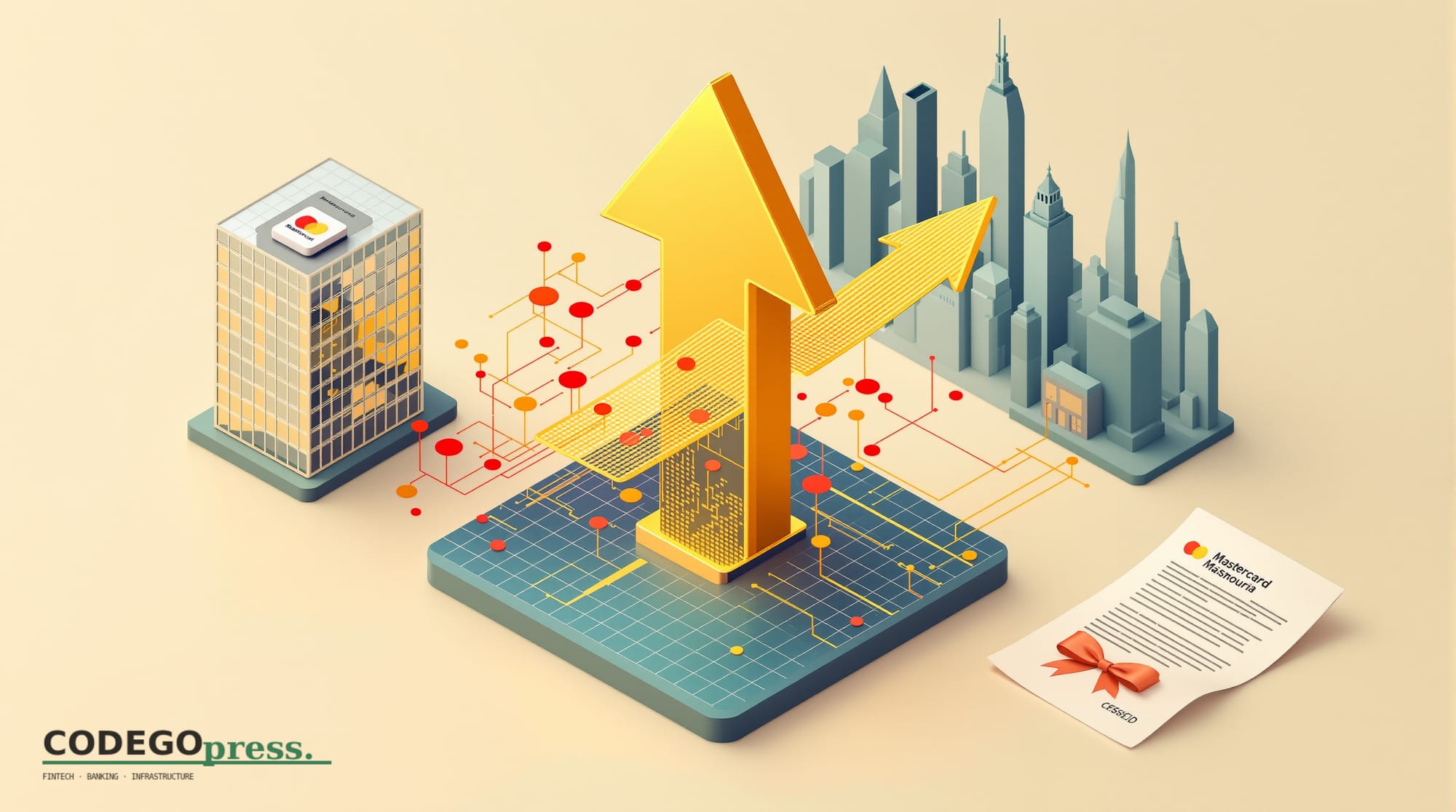 Golden transaction arrow flowing through a neural-network grid in centre, Mastercard red-and-orange circles subtly embedded i