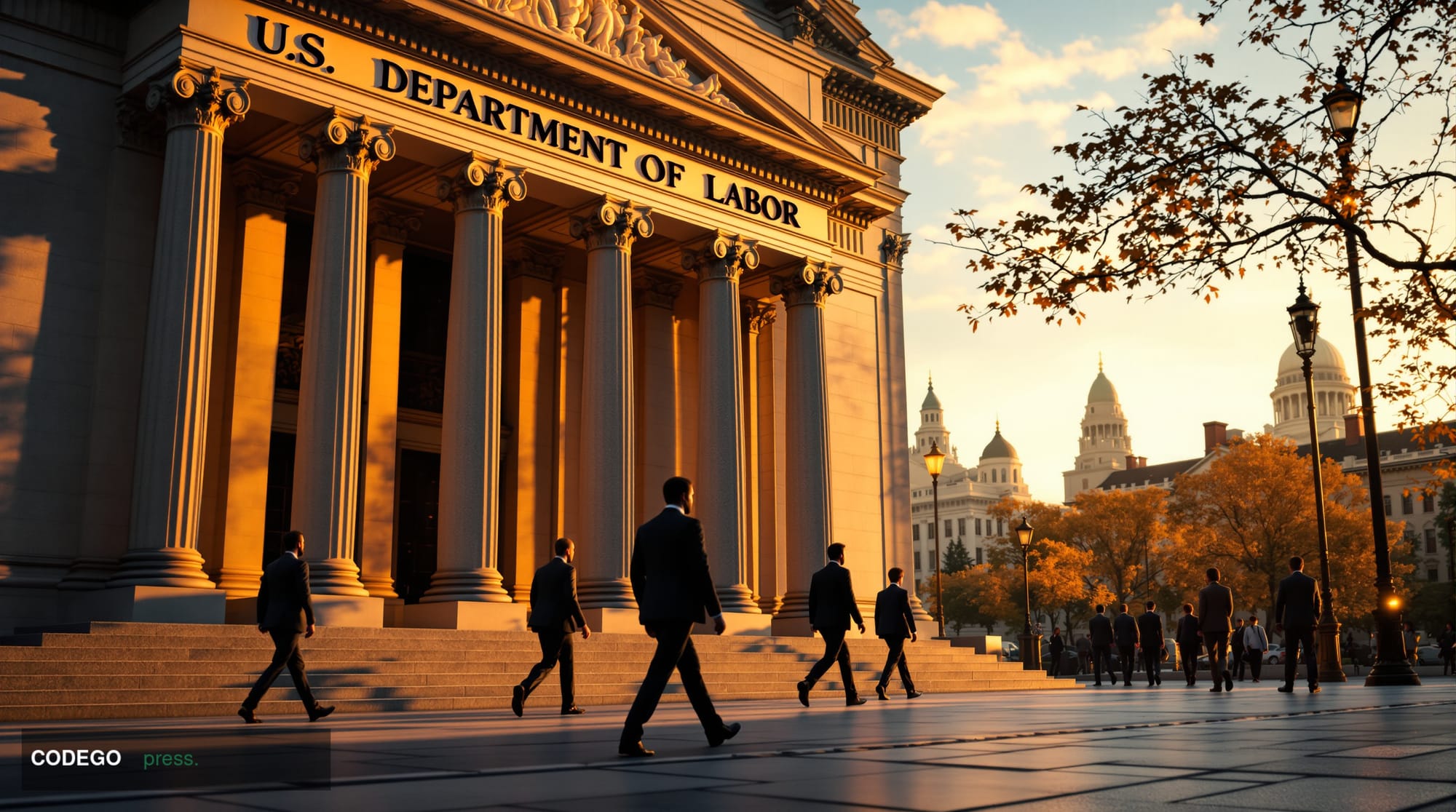 A photorealistic editorial photograph showing the imposing neoclassical facade of the US Department of Labor headquarters bui
