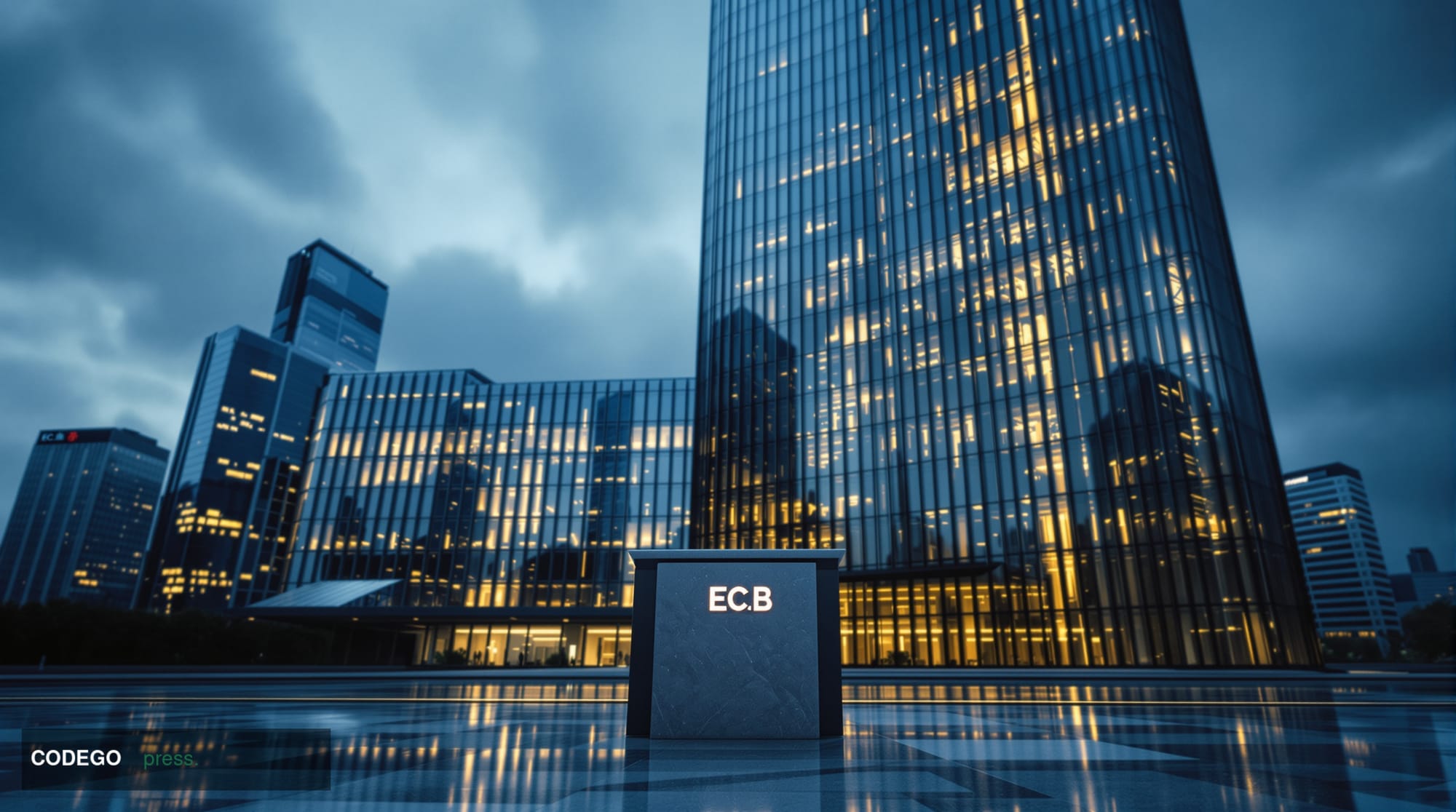 A dramatic photorealistic editorial photograph showcasing the tension between European monetary policy and digital assets. Th