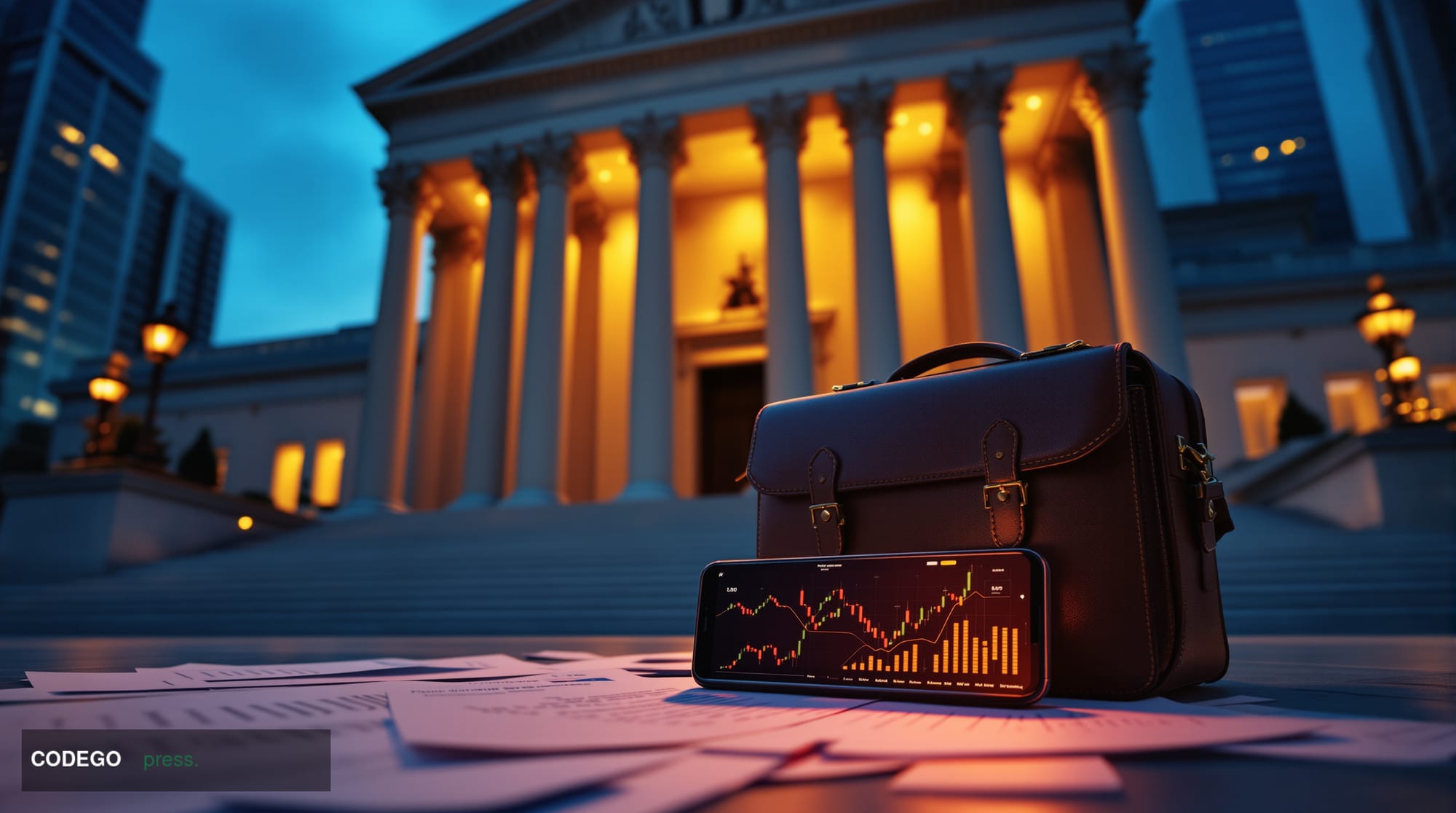 A cinematic editorial photograph of a modern American courthouse entrance with imposing neoclassical columns and "United Stat