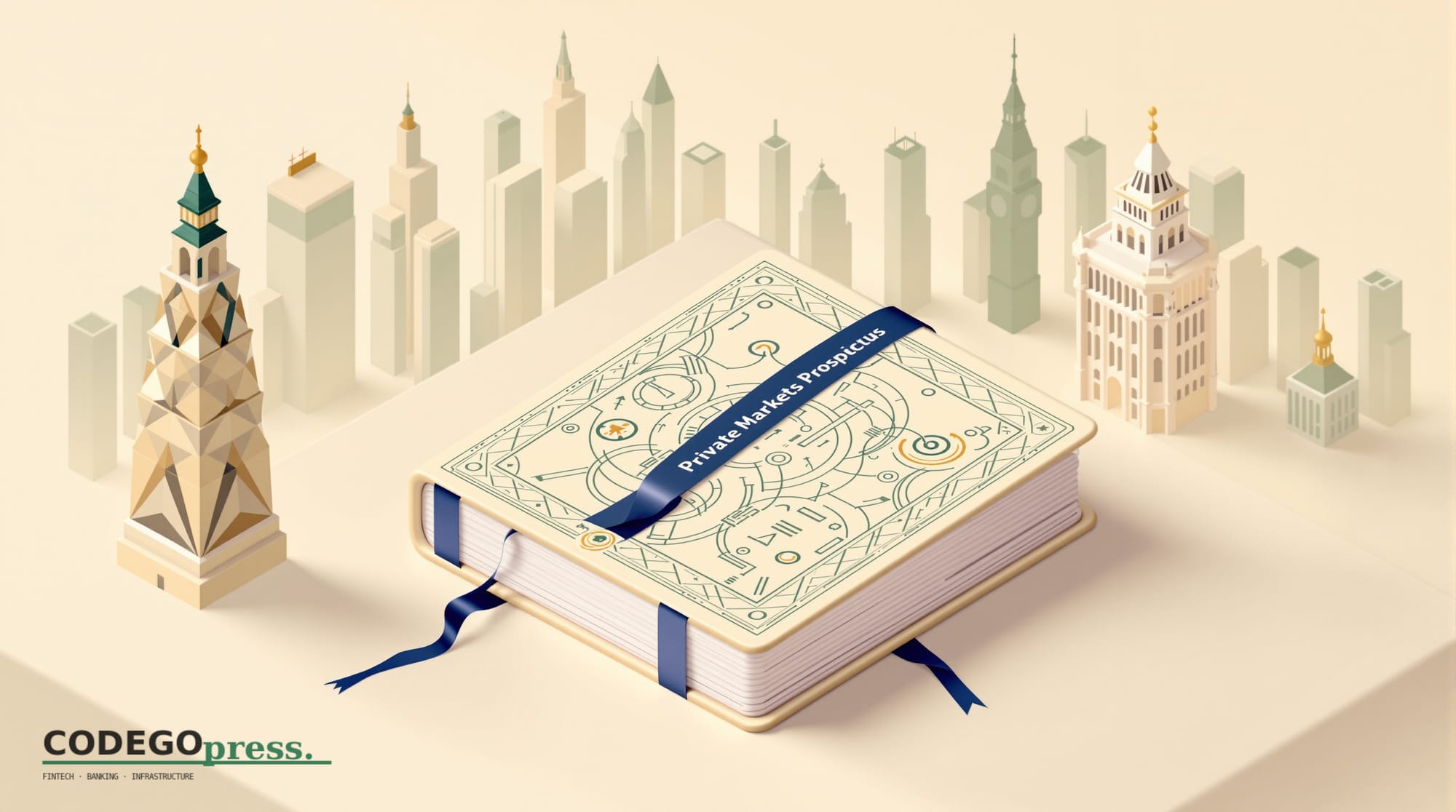 Large embossed private markets prospectus with navy binding ribbon in centre, Lazard geometric tower silhouette on the left w