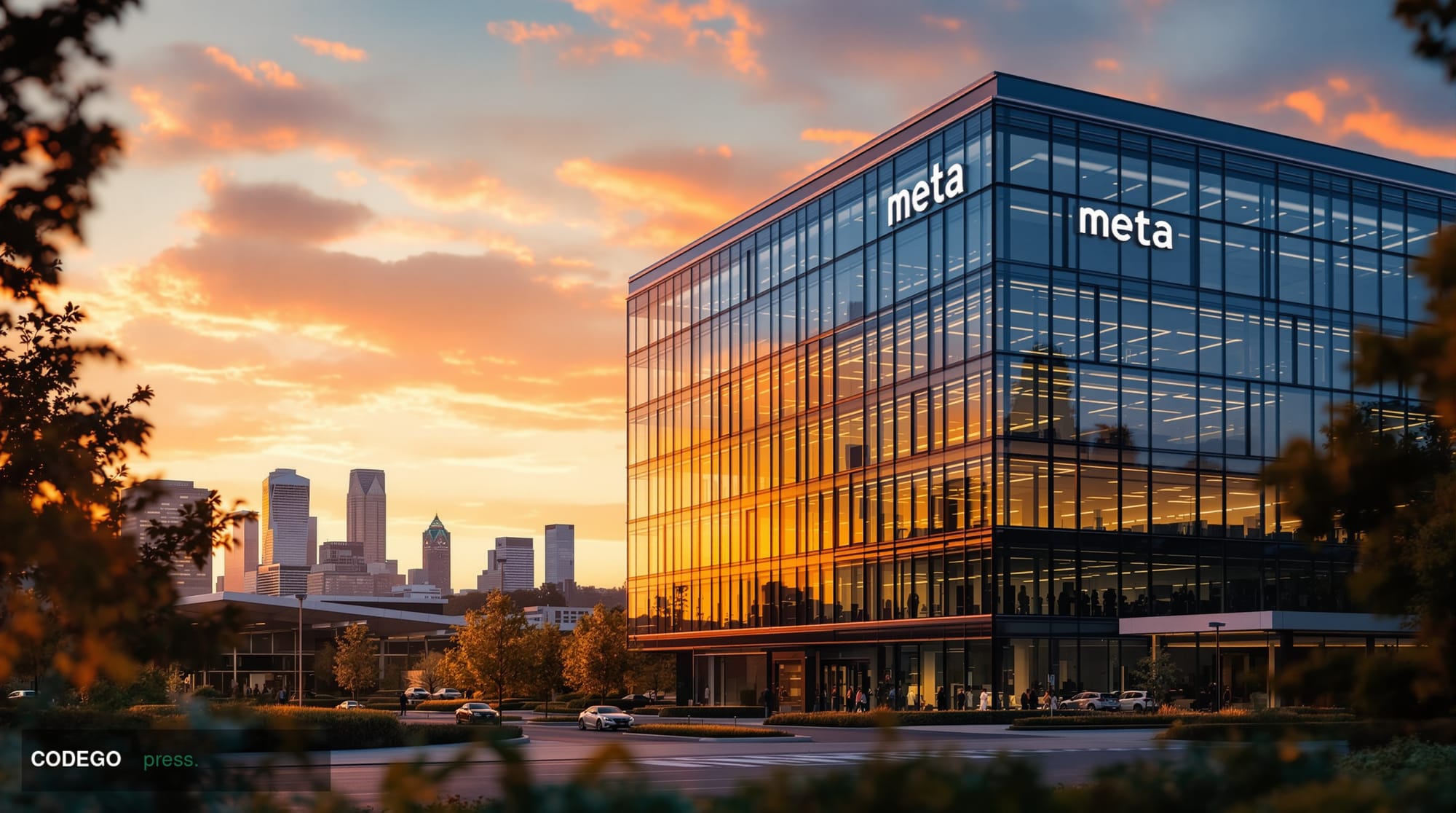 A photorealistic editorial photograph capturing Meta's Menlo Park headquarters at golden hour, with the distinctive "Meta" si