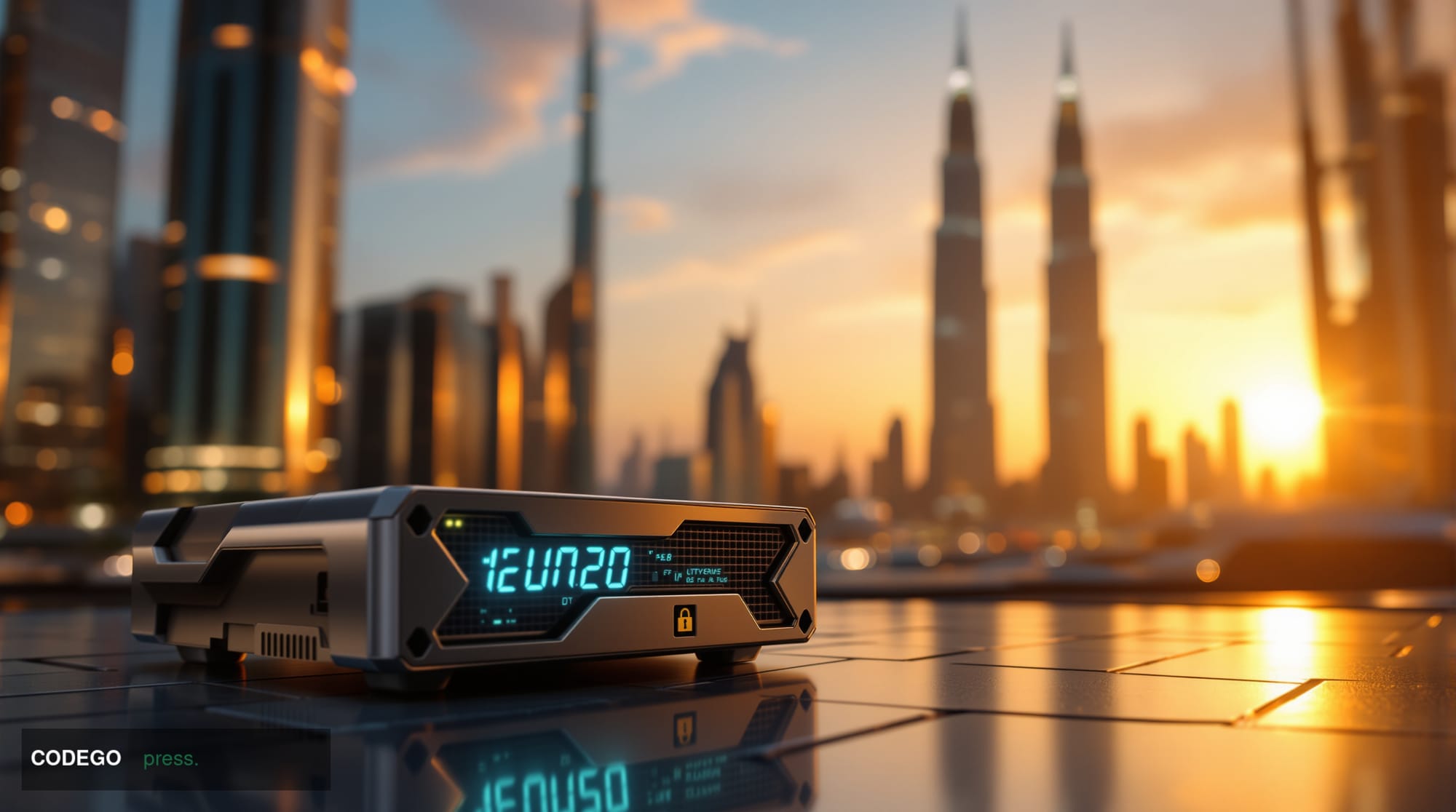 A striking photorealistic editorial photograph showcasing the convergence of traditional Gulf architecture with cutting-edge 