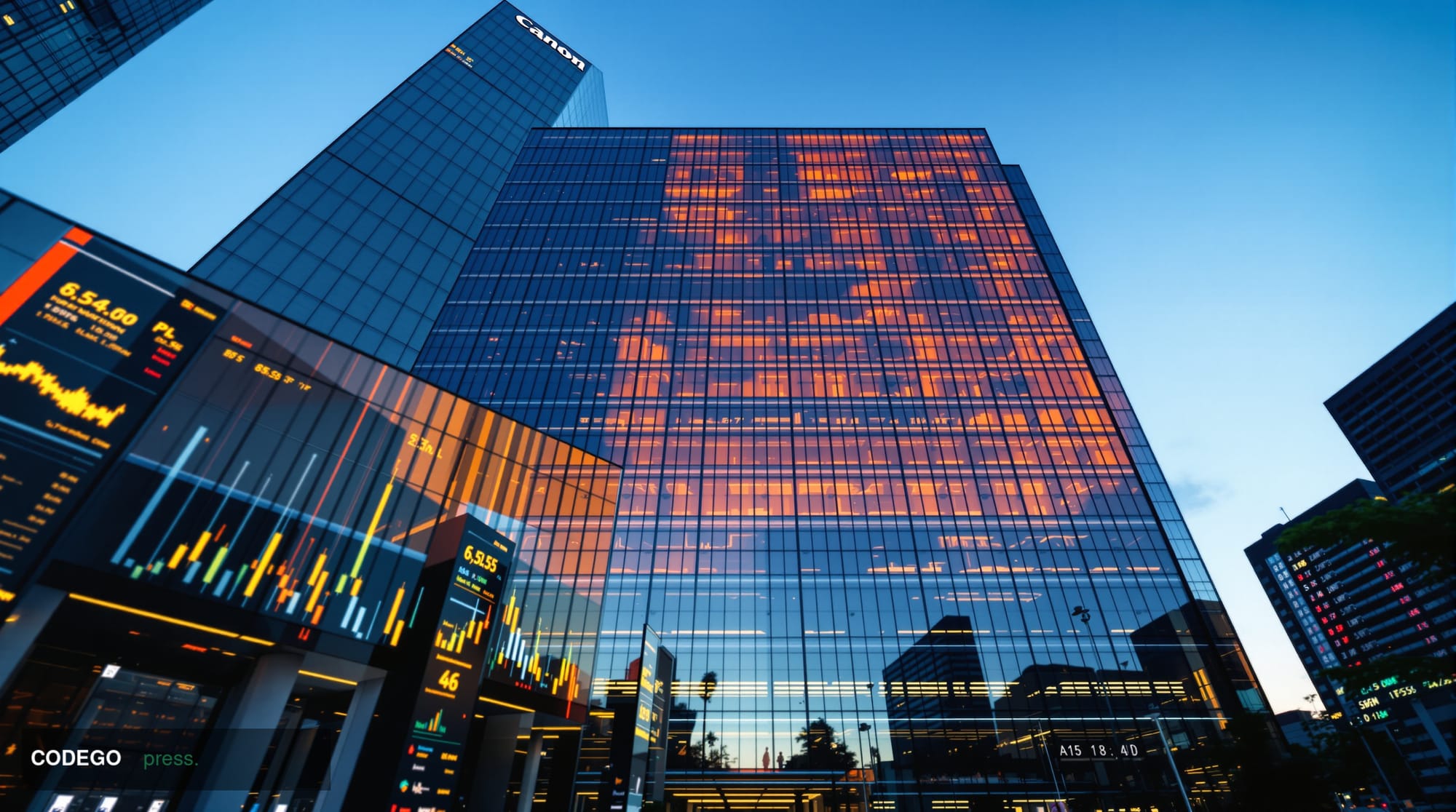 A photorealistic editorial photograph of a modern glass-and-steel banking headquarters at golden hour, shot from ground level