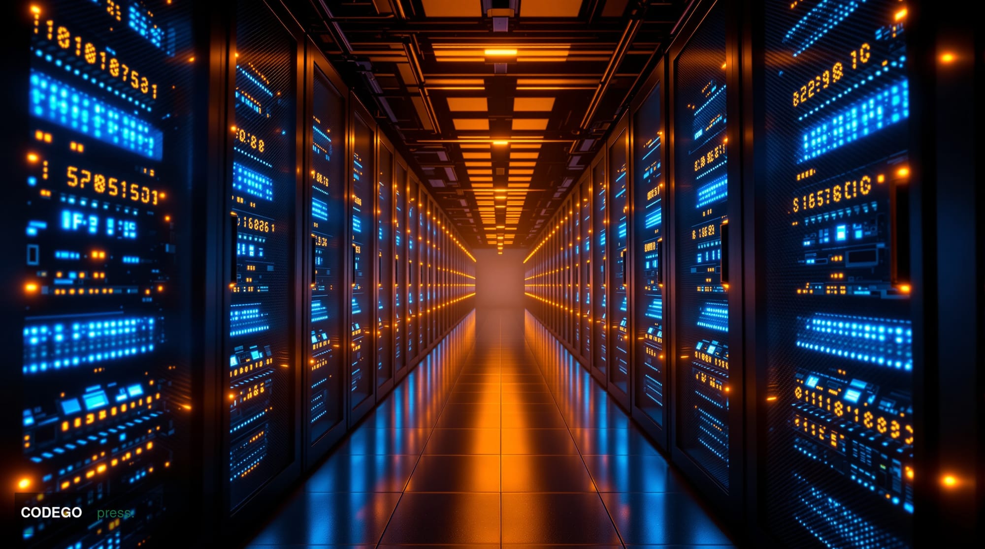 A photorealistic editorial photograph showing a dramatic datacenter server room with rows of illuminated Linux servers stretc