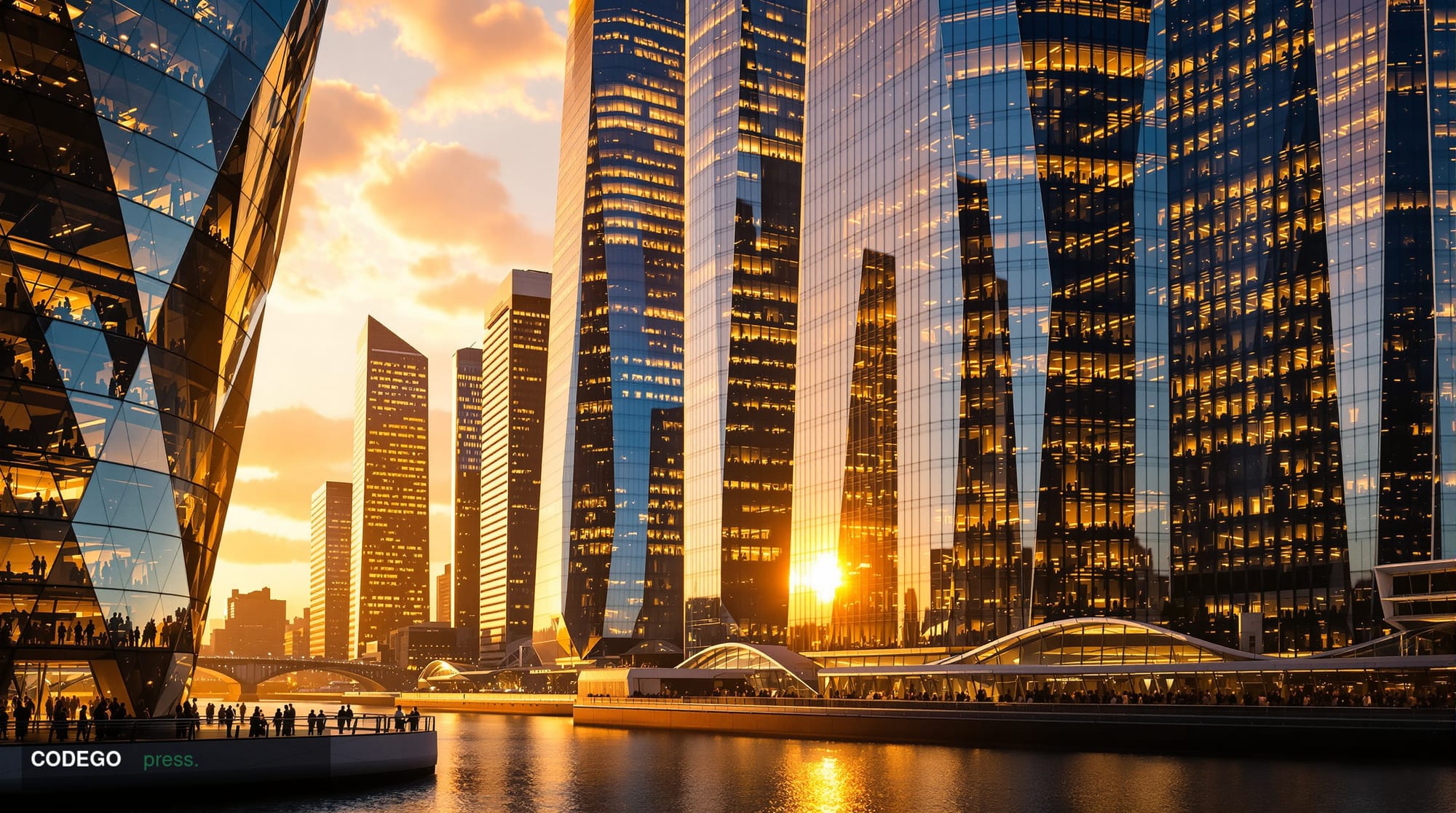 A dramatic aerial photograph of London's financial district at golden hour, showcasing the gleaming glass towers of Canary Wh