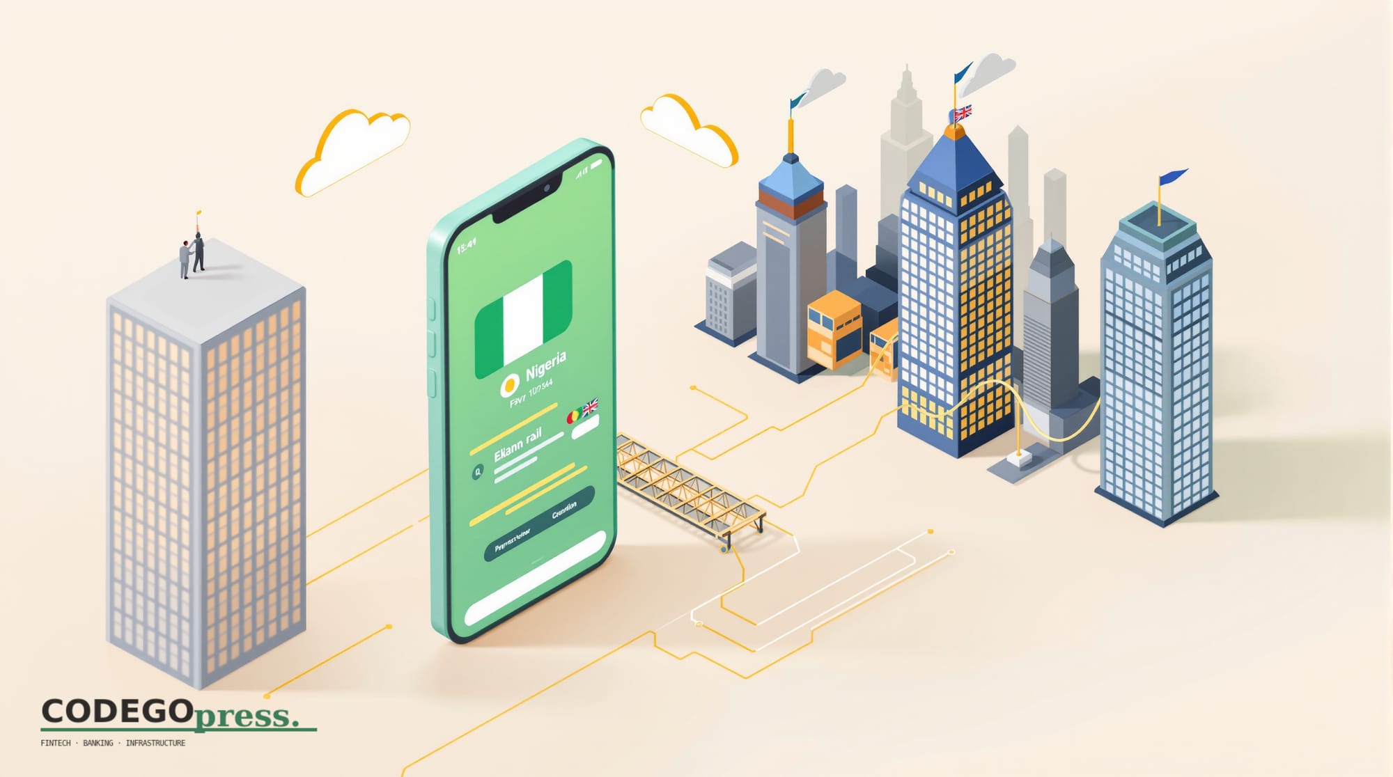 Flat 3D isometric vector editorial illustration showing two interconnected elements: (1) a stylized banking app interface on 