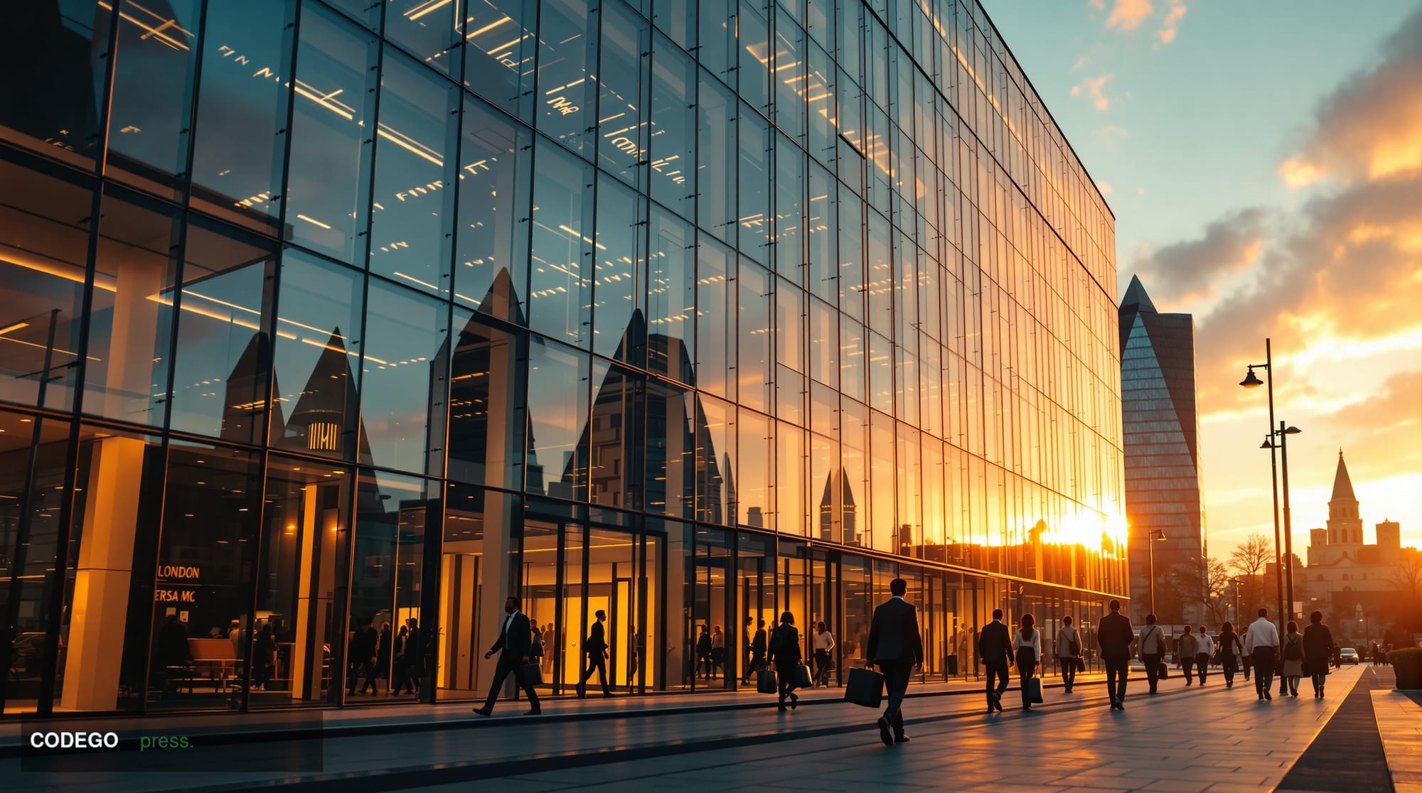 A photorealistic editorial photograph showcasing LemFi's London headquarters establishment, featuring the iconic London finan