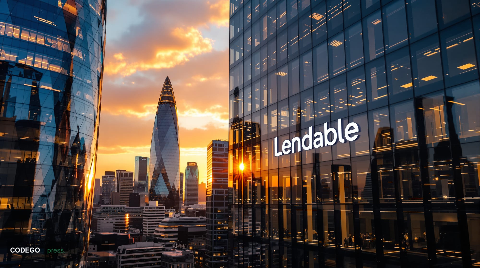 A striking editorial photograph of London's financial district at golden hour, with the iconic Gherkin and modern glass tower