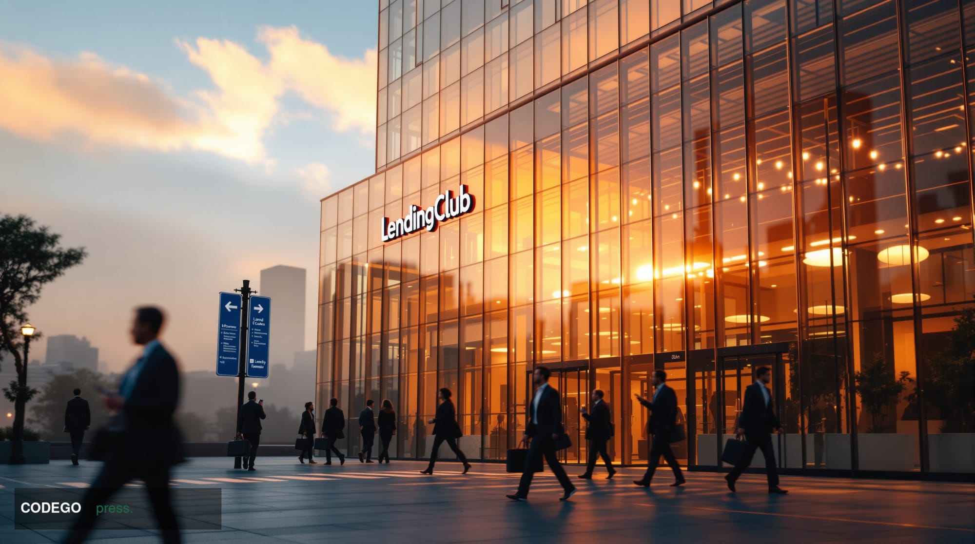A dramatic photorealistic editorial photograph showcasing LendingClub's San Francisco headquarters building exterior during g