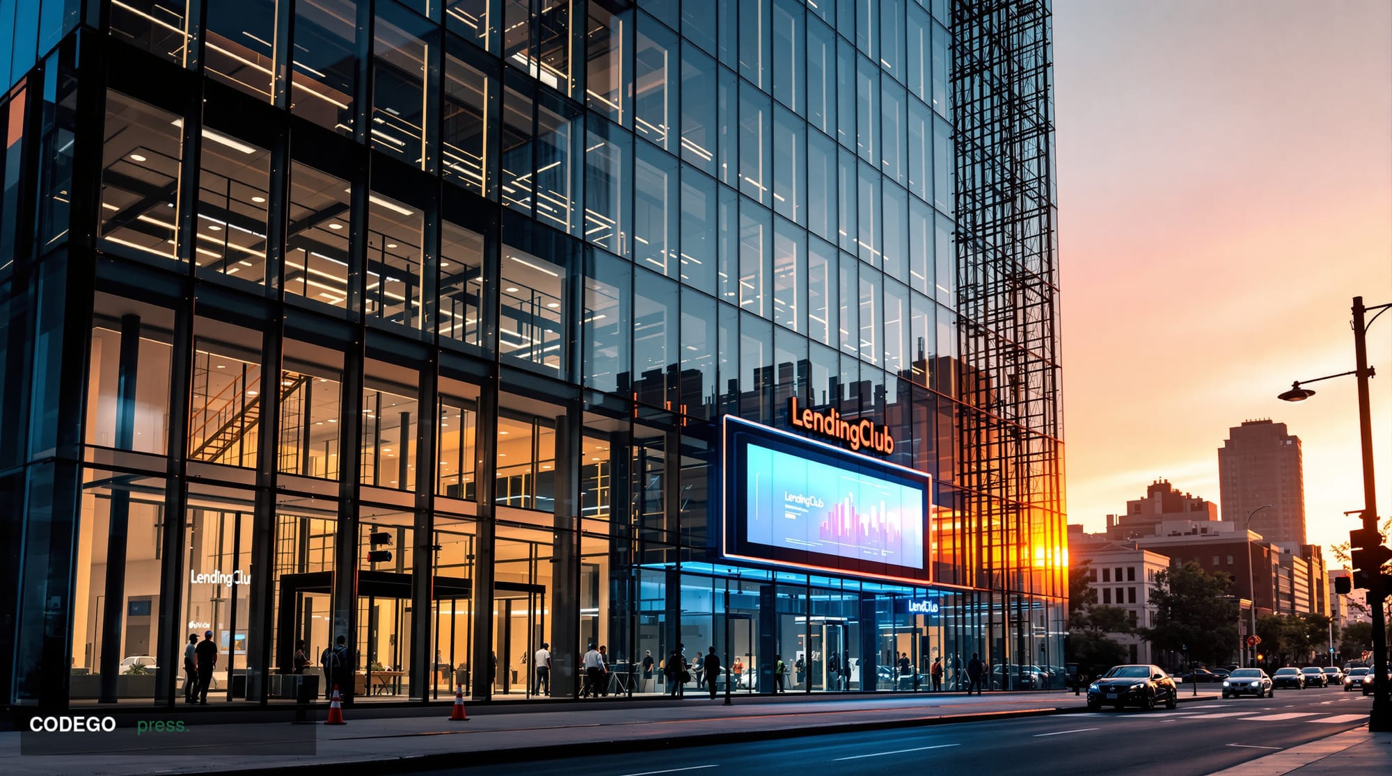 A photorealistic editorial photograph capturing the transformation of LendingClub's corporate headquarters in San Francisco, 