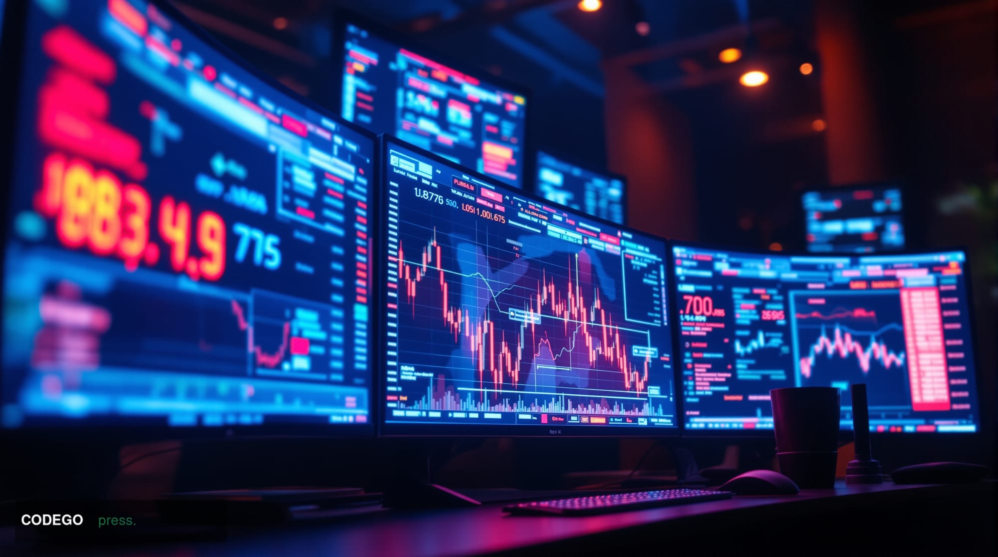 A cinematic editorial photograph showing a sophisticated DeFi trading interface on multiple monitors displaying LESS Protocol