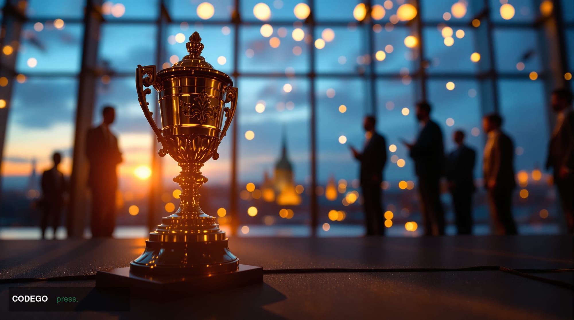 A cinematic editorial photograph capturing the prestigious award ceremony at ETH Prague 2026, shot from a dramatic low angle 
