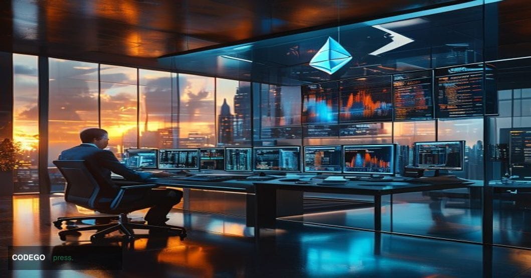 A photorealistic editorial photograph showing a modern institutional financial services office environment with sleek glass a