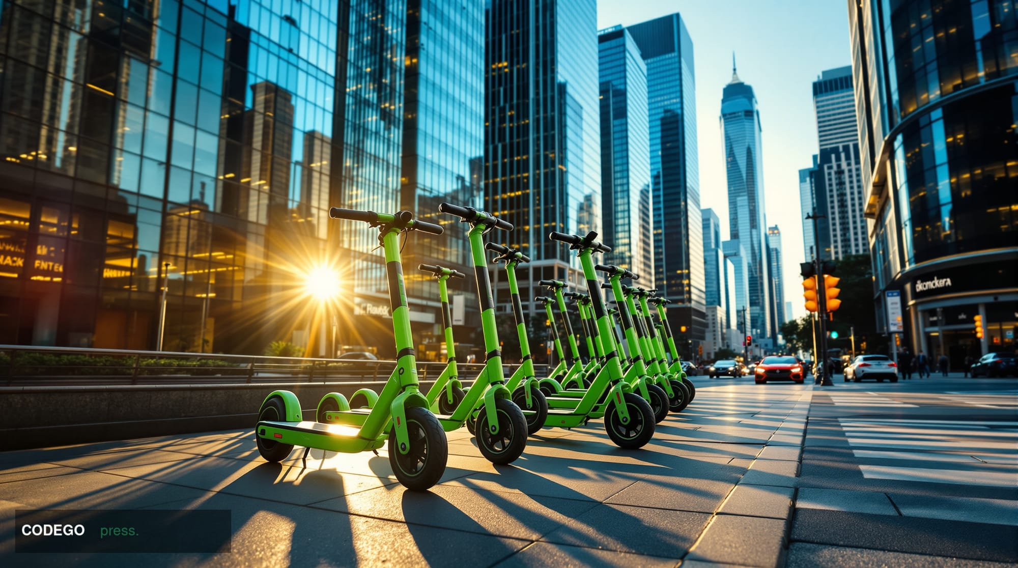 A cinematic editorial photograph of Lime's distinctive bright green electric scooters and bikes lined up along a busy urban s