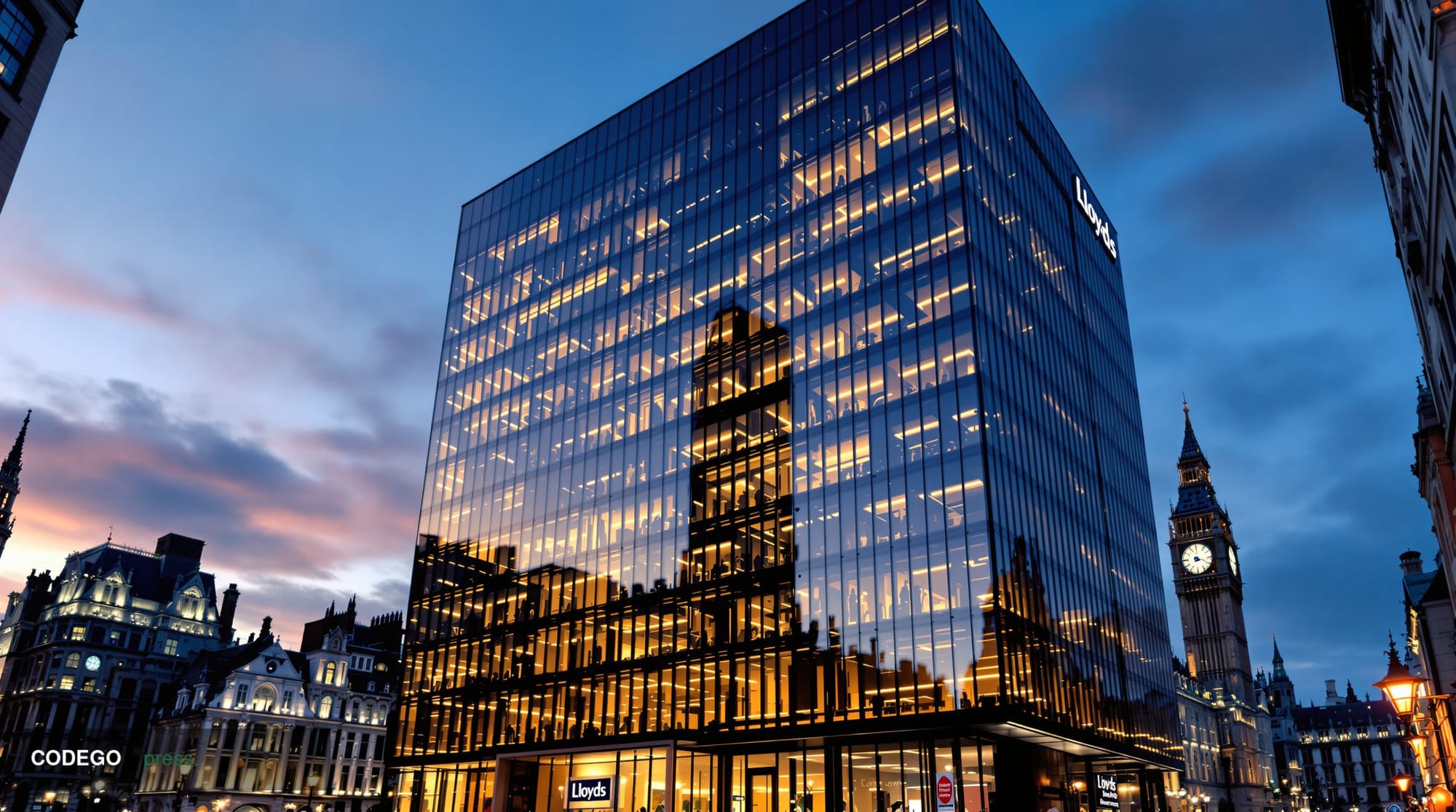 A photorealistic editorial photograph showcasing Lloyds Banking Group's modern headquarters in London, specifically the disti