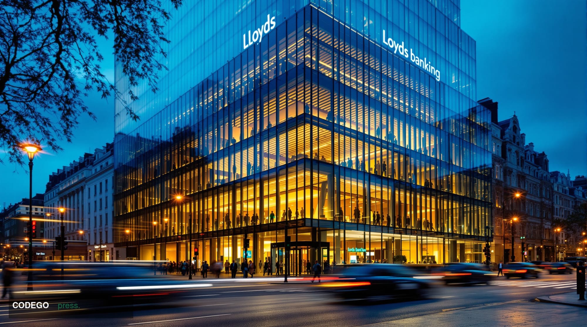 A cinematic editorial photograph of Lloyds Banking Group's modern London headquarters at 25 Gresham Street, shot from a low a