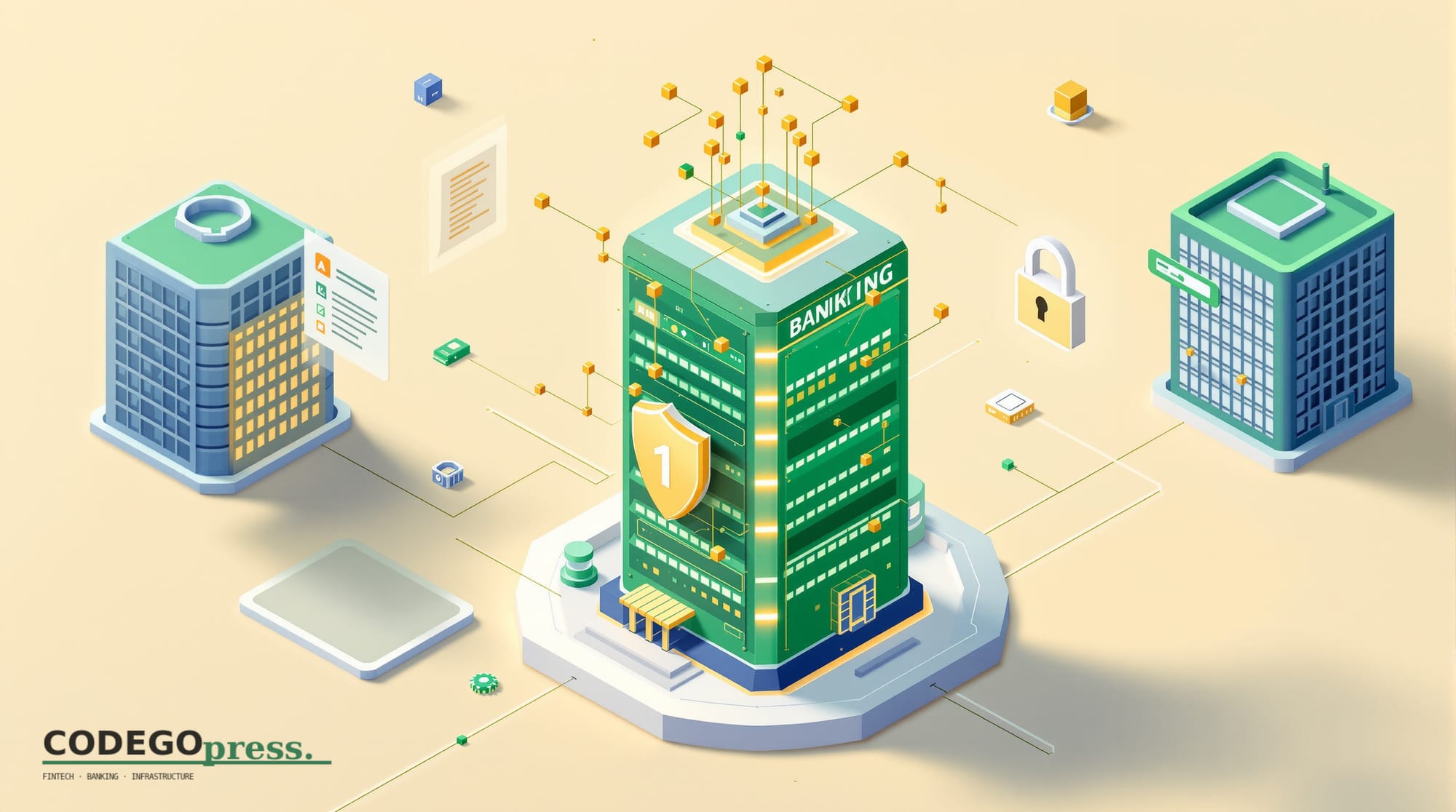 Flat 3D isometric vector illustration in banking-green (#1A6B43) with cream background. Central element: a banking server tow