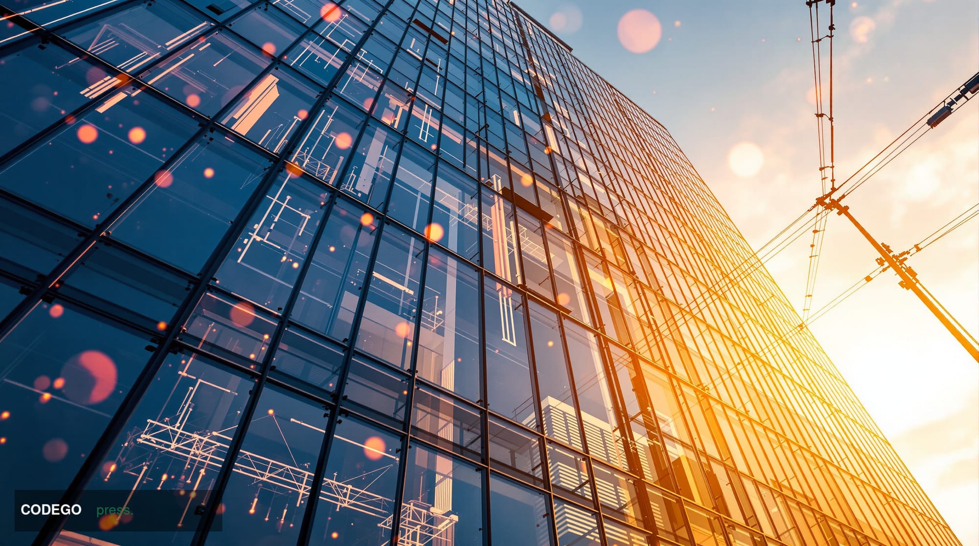 A cinematic editorial photograph showing the Chainlink headquarters or a major blockchain infrastructure facility, captured f