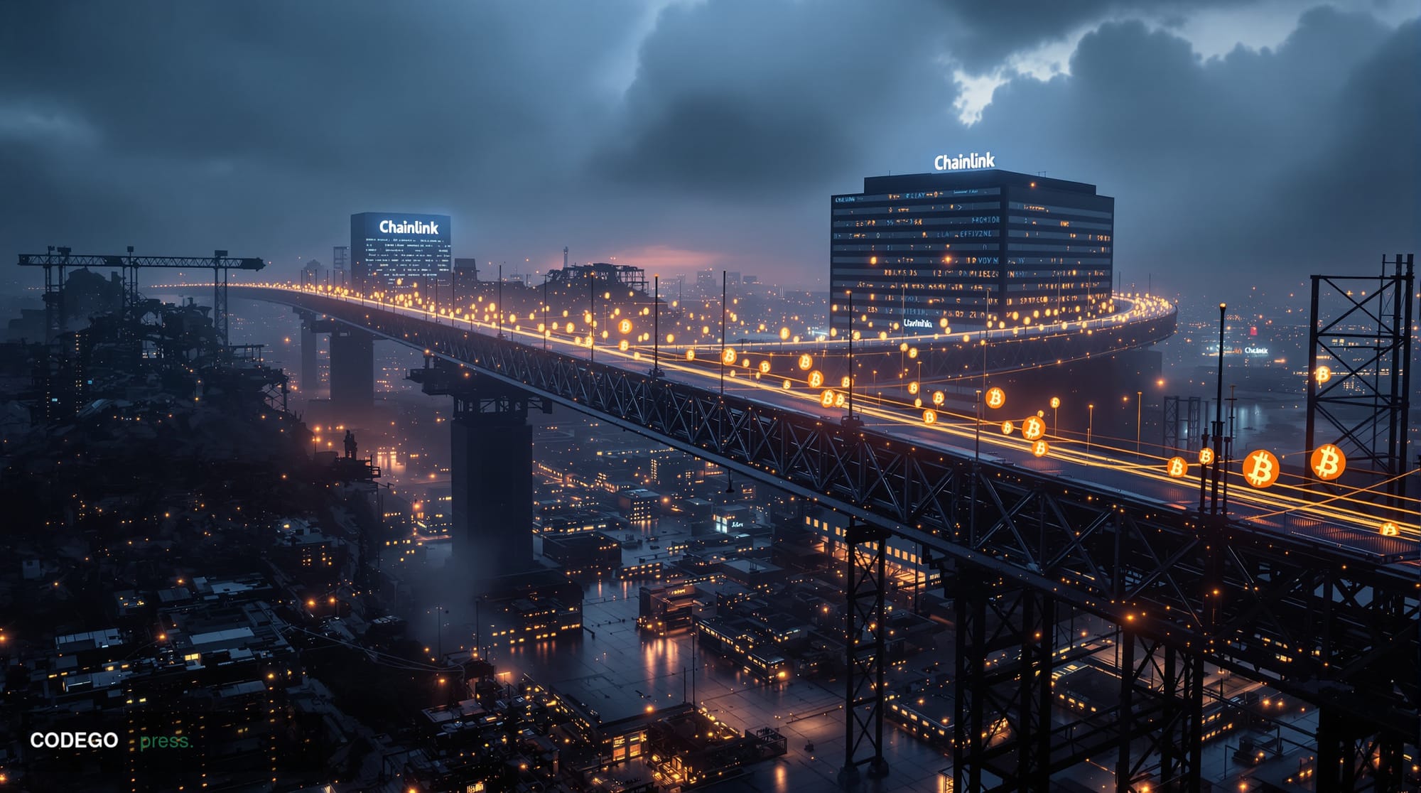 A dramatic photorealistic editorial photograph showing a massive digital bridge spanning across a turbulent technological lan