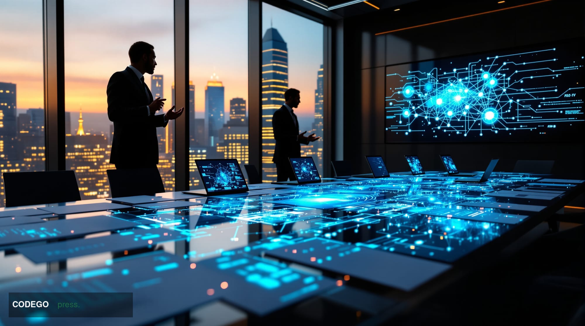 A dramatic photorealistic corporate boardroom scene showing a large conference table with financial documents displaying Bitc