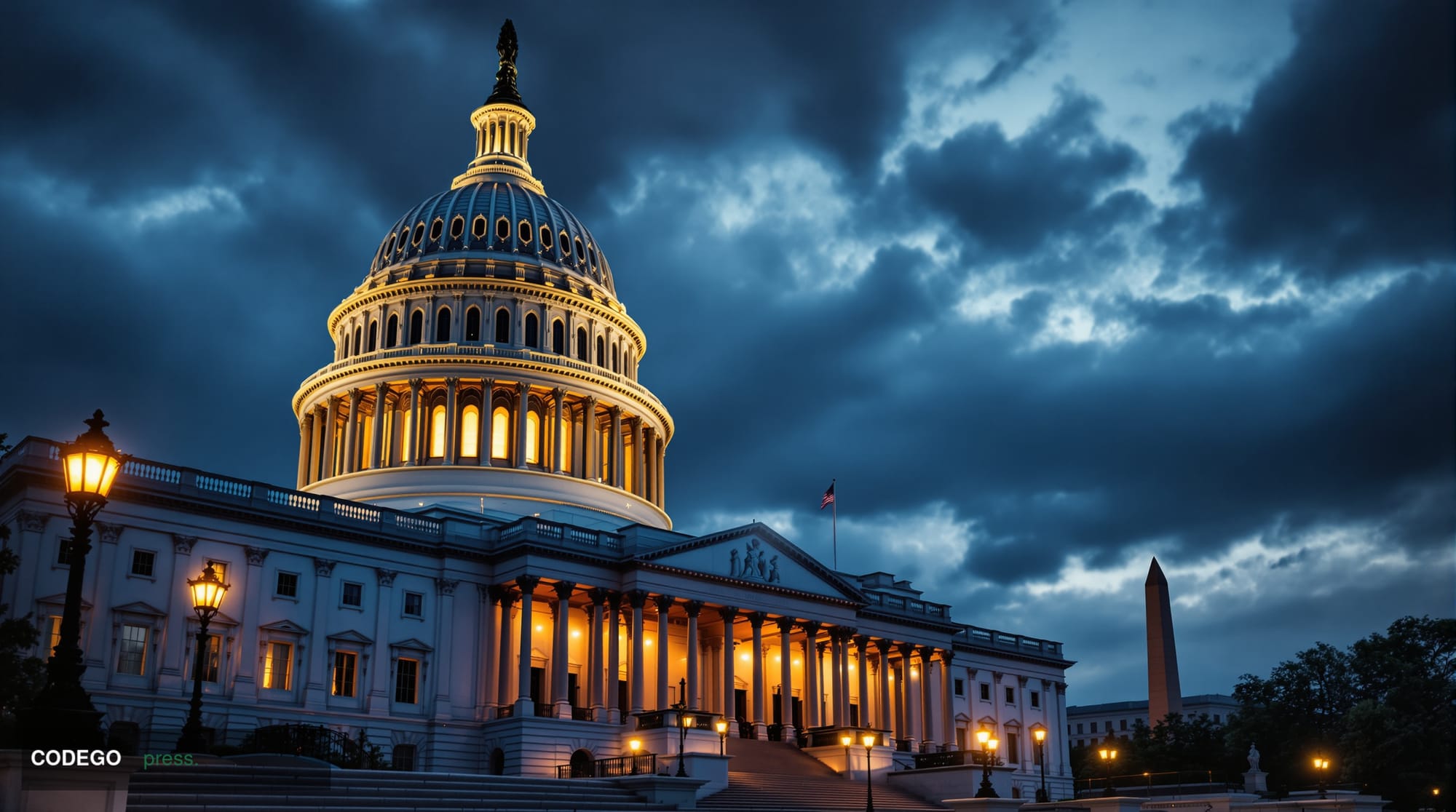 A dramatic cinematic photograph of the United States Capitol building at dusk, shot from a low angle to emphasize its imposin