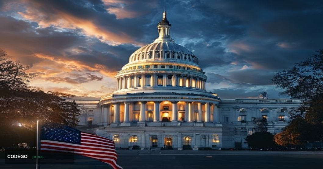 Photorealistic editorial photograph of the United States Capitol building dome at dusk, with dramatic chiaroscuro lighting cr