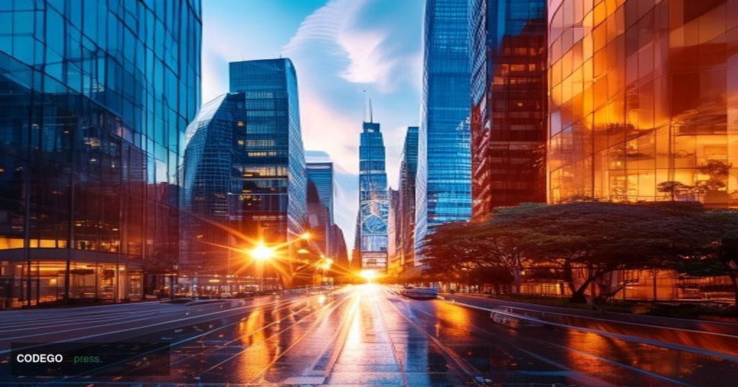 Photorealistic editorial photograph showing the contrast between European financial districts and African/Southeast Asian urb