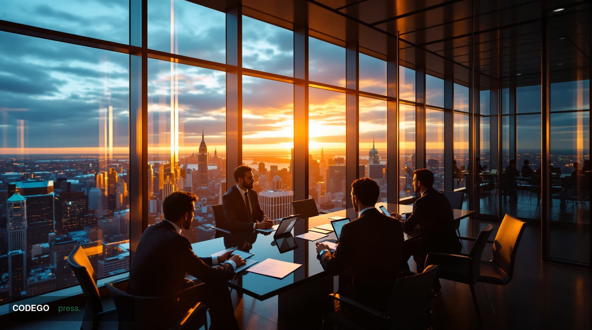 A cinematic editorial photograph capturing the intensity of global M&A dealmaking. The scene shows a modern glass-walled conf
