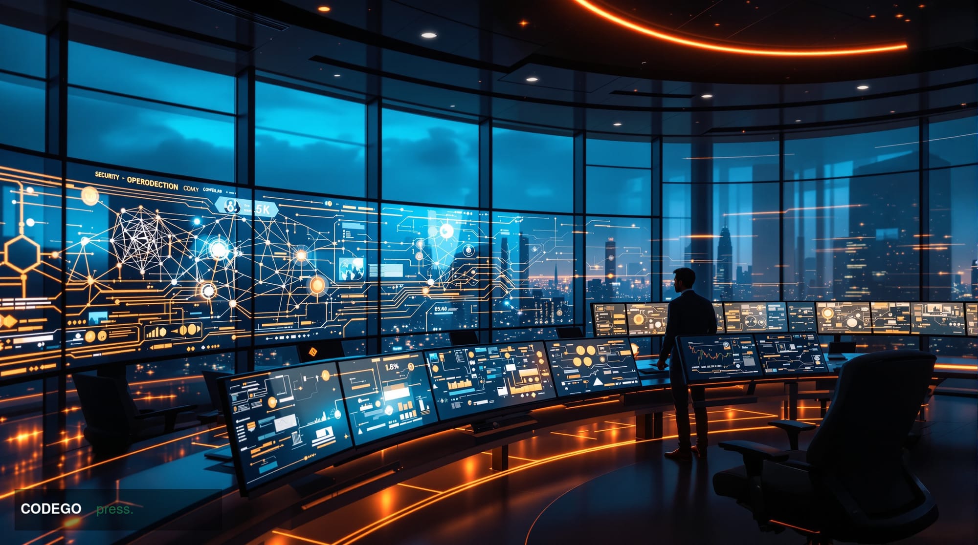 A dramatic photorealistic editorial photograph showcasing a major bank's cybersecurity command center, with multiple curved m