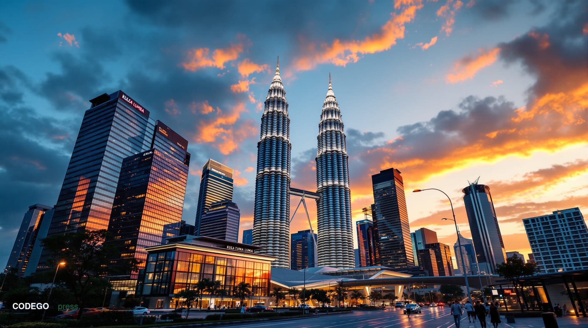 A photorealistic editorial photograph capturing the Kuala Lumpur skyline with the iconic Petronas Twin Towers prominently fea