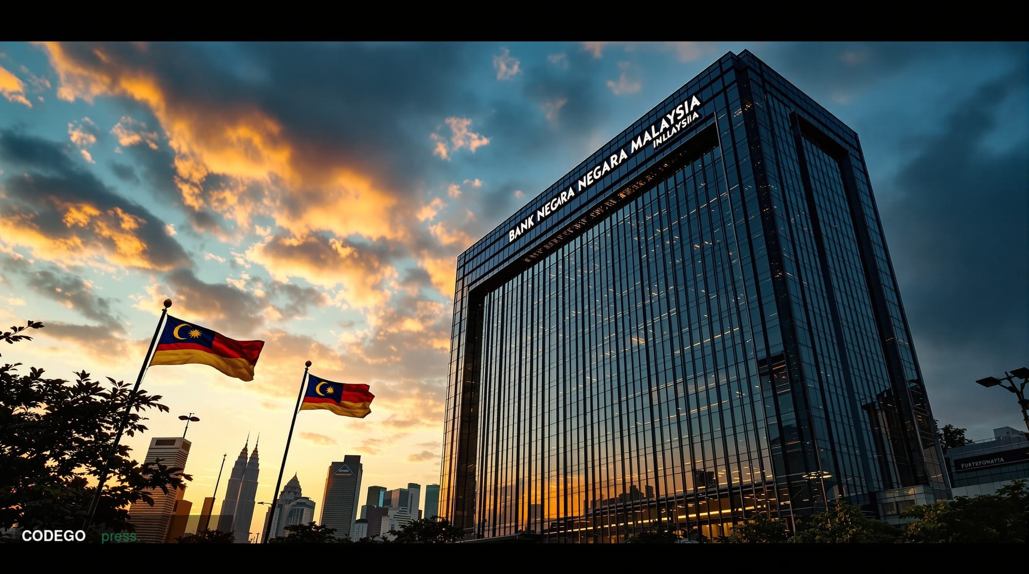 A cinematic editorial photograph of the modern Bank Negara Malaysia headquarters building in Kuala Lumpur, shot from a low an