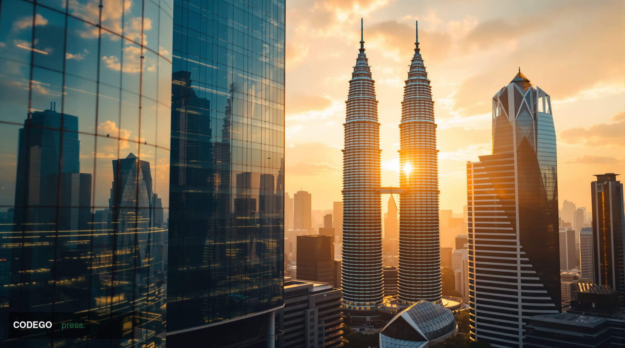 A cinematic editorial photograph capturing the Kuala Lumpur city skyline at golden hour, with the iconic Petronas Twin Towers