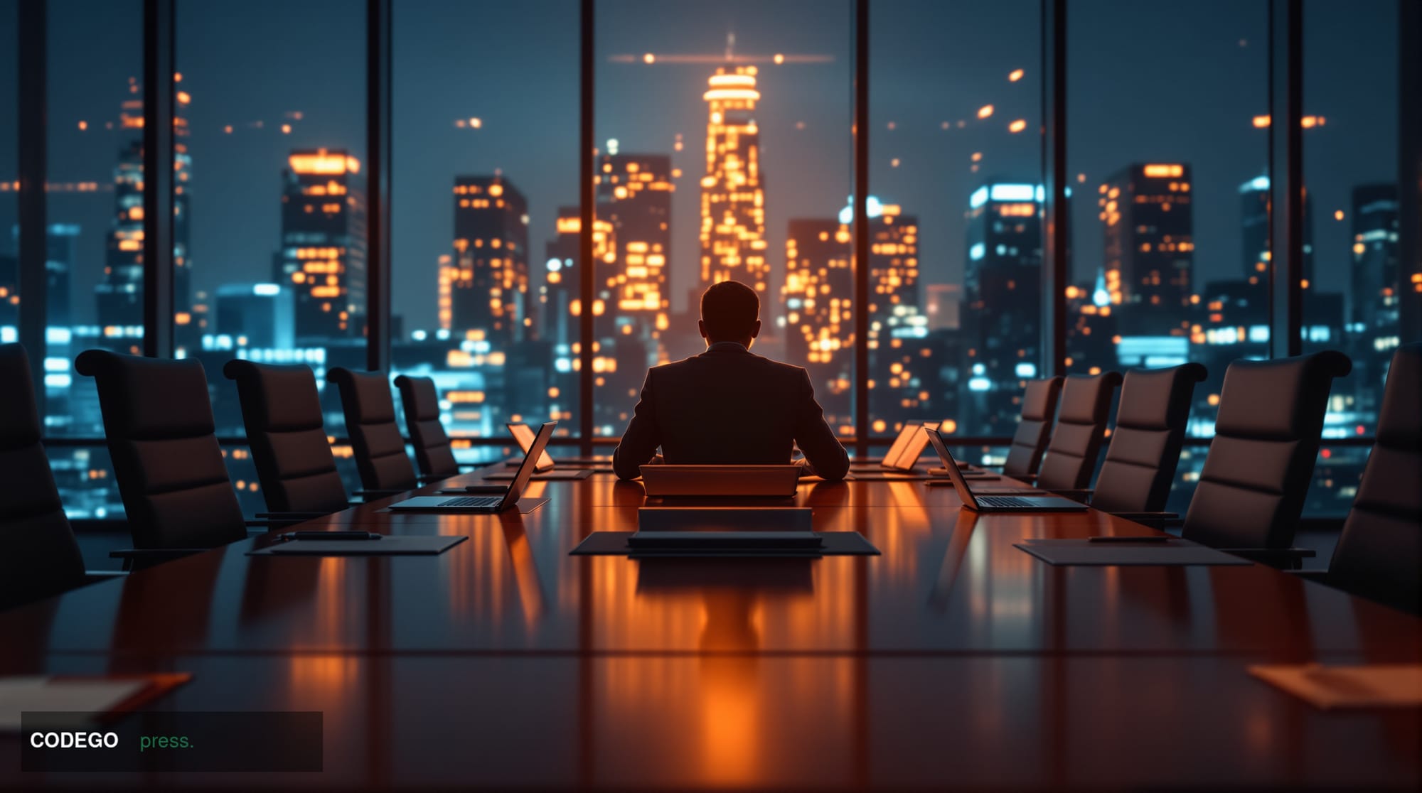 A cinematic corporate boardroom scene captured from a low angle, showing empty executive chairs around a polished mahogany co