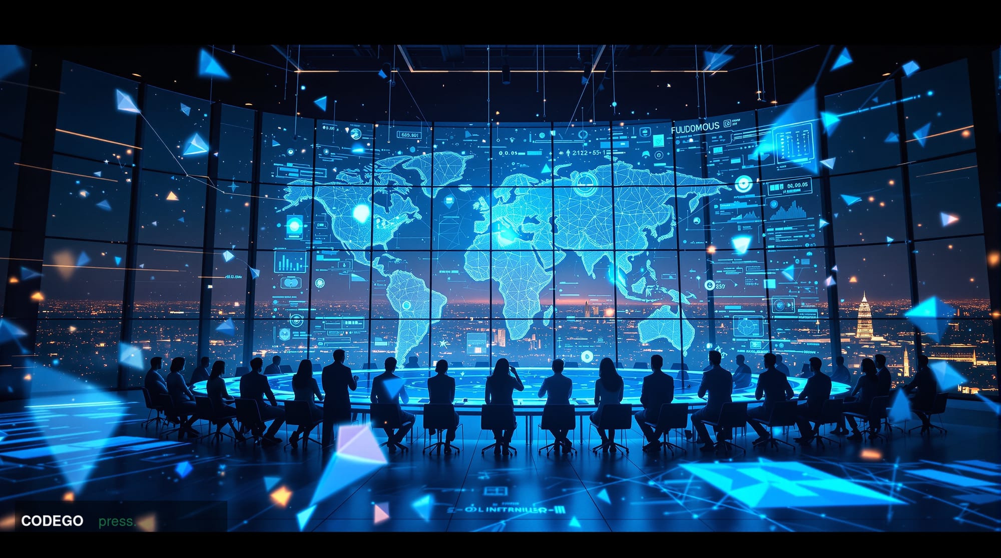 A photorealistic editorial photograph capturing the gravity of decentralized finance governance in action, shot from a low an