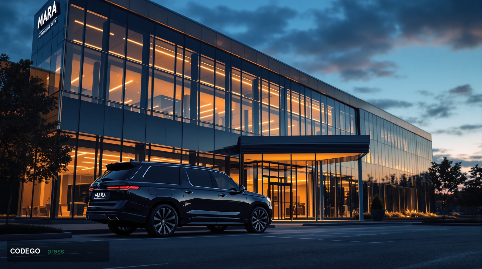 A cinematic editorial photograph showcasing MARA's corporate headquarters building in a dramatic twilight setting, with warm 
