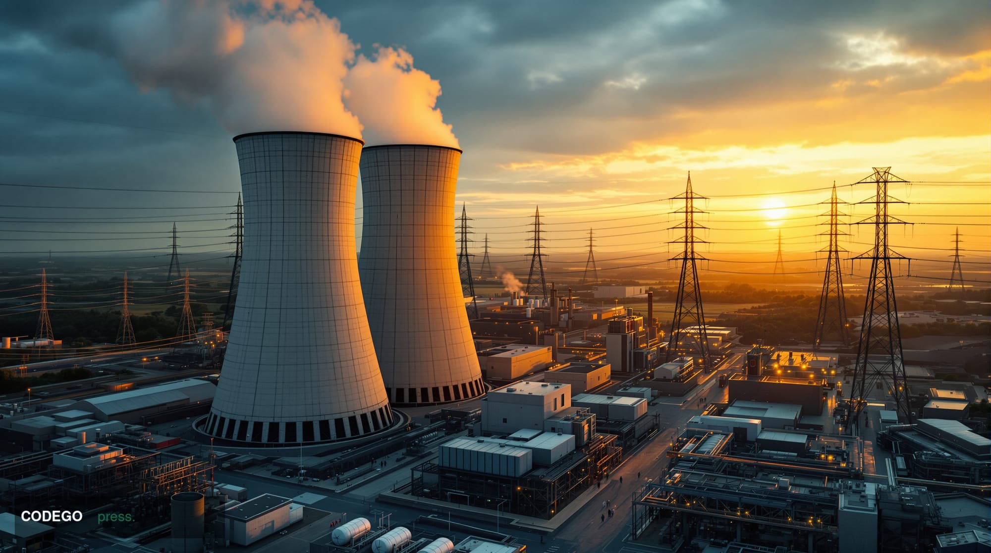 A dramatic photorealistic aerial view of a massive industrial power plant complex at golden hour, with imposing cooling tower