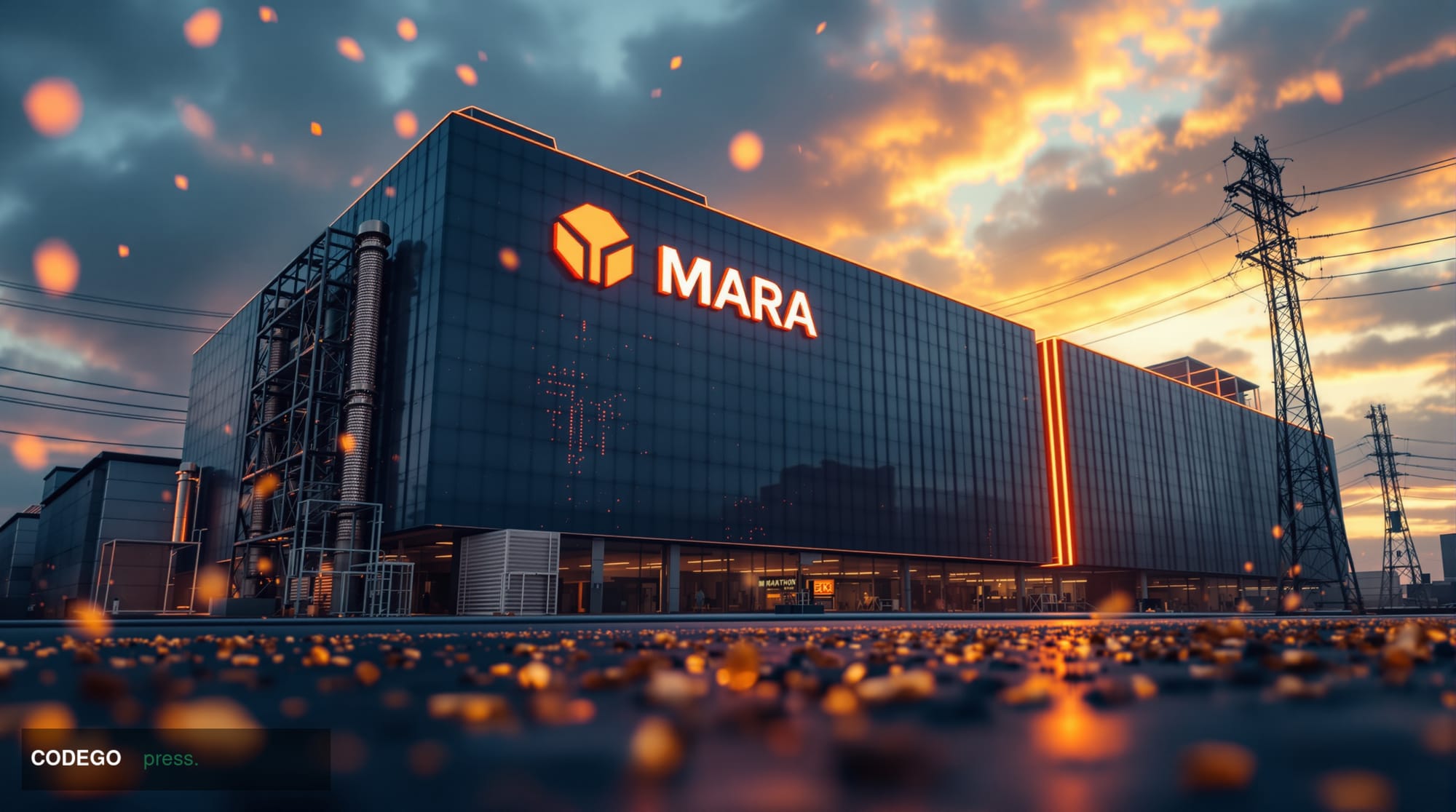 A photorealistic 8K editorial photograph showing Marathon Digital Holdings (MARA) corporate headquarters or mining facility e