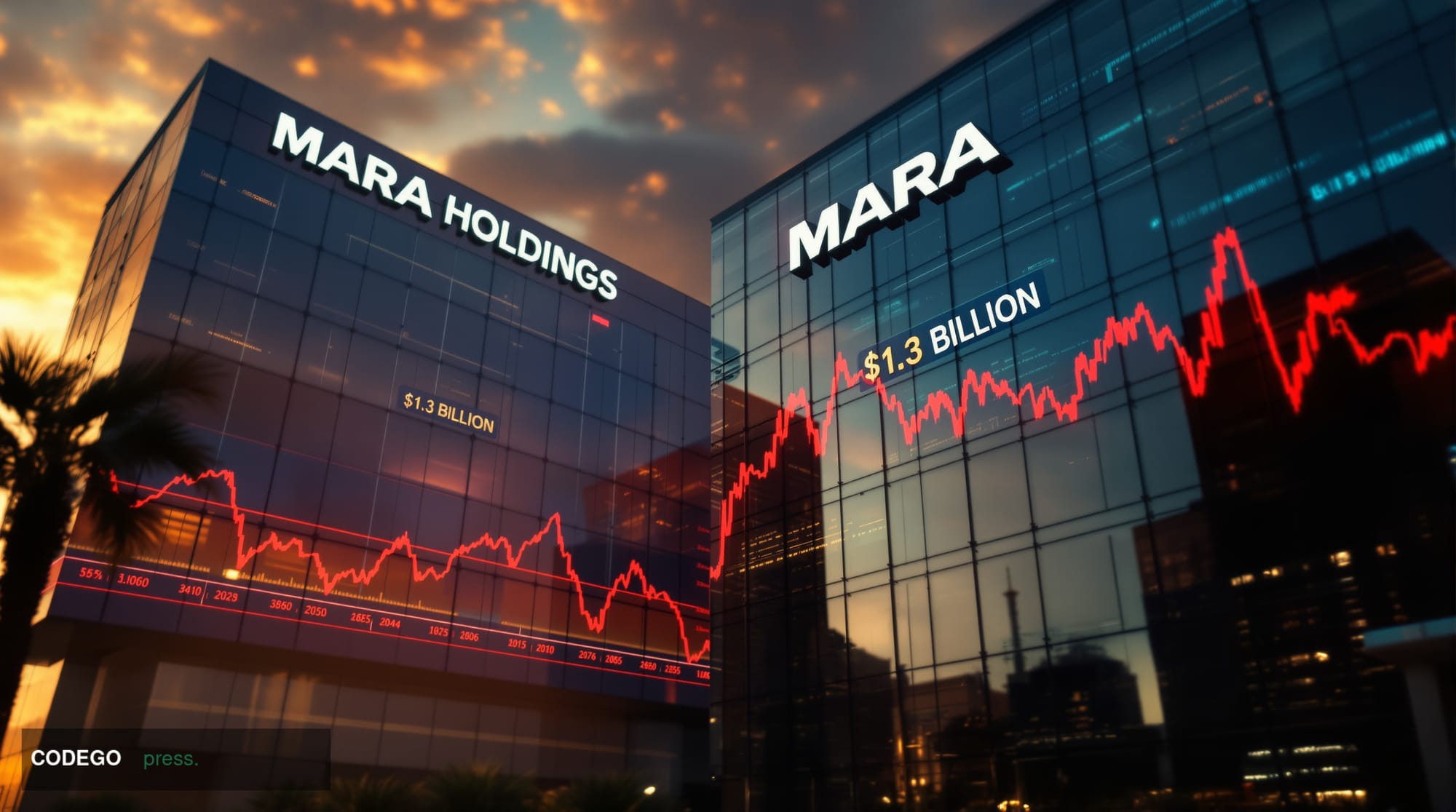 A cinematic editorial photograph capturing MARA Holdings' corporate headquarters building in Las Vegas, Nevada, shot during g