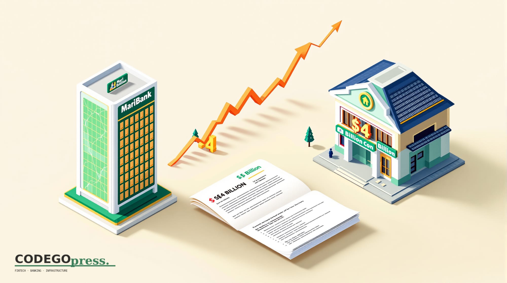 flat 3D isometric vector editorial illustration, banking-green primary (#1A6B43), cream background, gold and navy accents, so