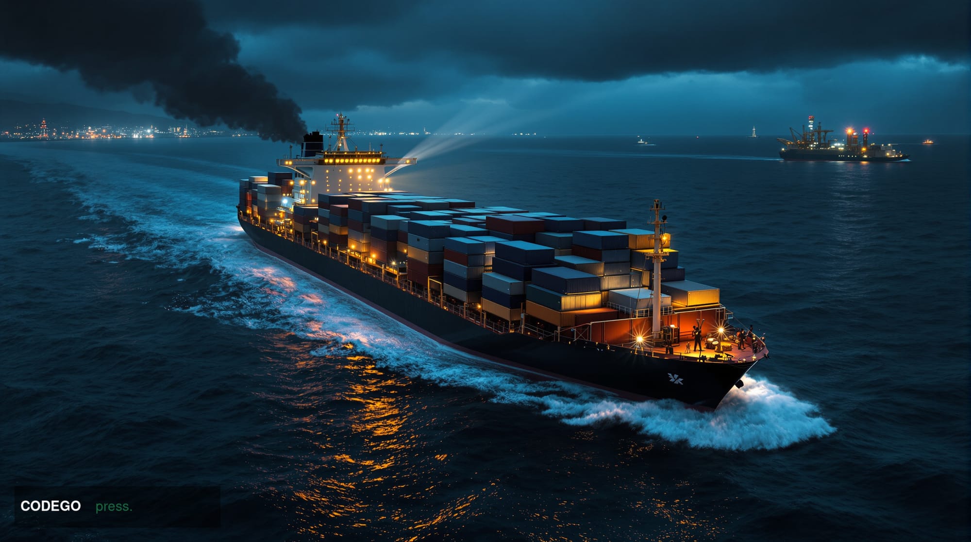 A dramatic aerial view of a massive container ship navigating through dark, turbulent waters in the Persian Gulf, with the Ir